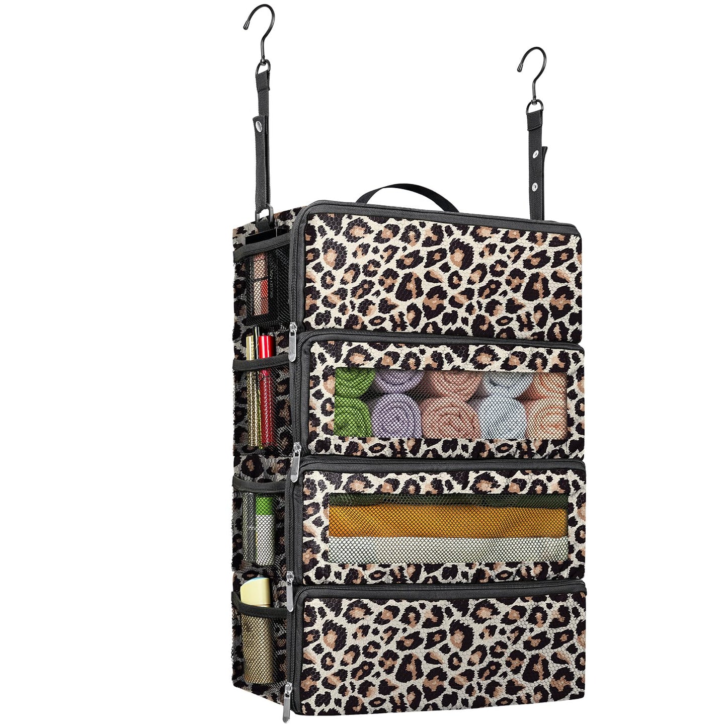 Suitcase Organizer, Travel Luggage Organizer Hanging Shelves Packing Cube Closet/Collapsible Portable Travel Organizer for Carry-on, Medium, Leopard Print