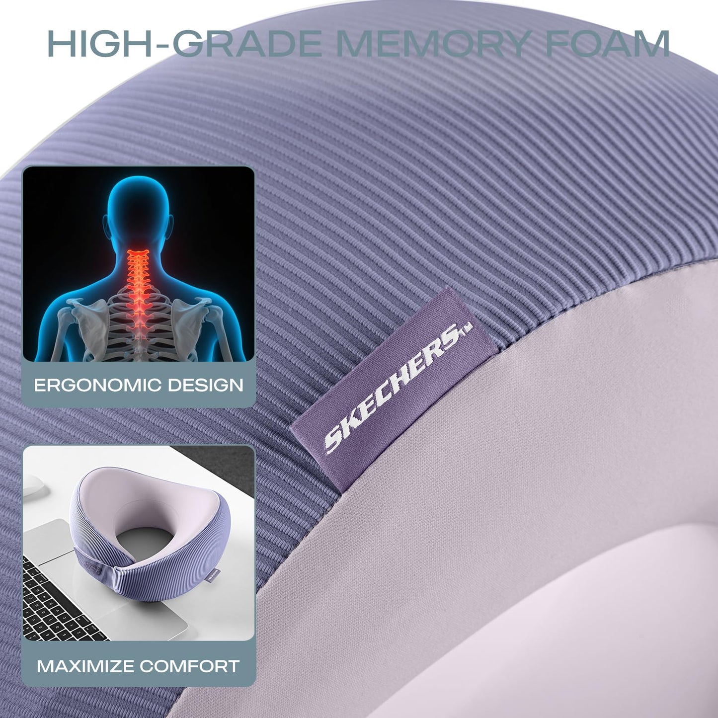 Skechers Memory Foam Neck Pillow, Comfortable & Breathable Travel Pillow,Neck Pillow Airplane for Travel, Car Rides, Home, and Office Use, Ergonomic Design for Men and Women,Purple