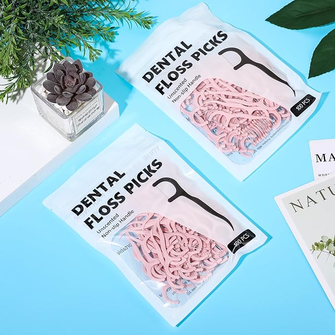 Baderke 200 Count Floss Picks Bulk Non Breakable Tooth Picks Flosser Dental Floss Sticks for Adults Teeth Cleaning Dental Flossers for Family Pack Travel(Light Pink)