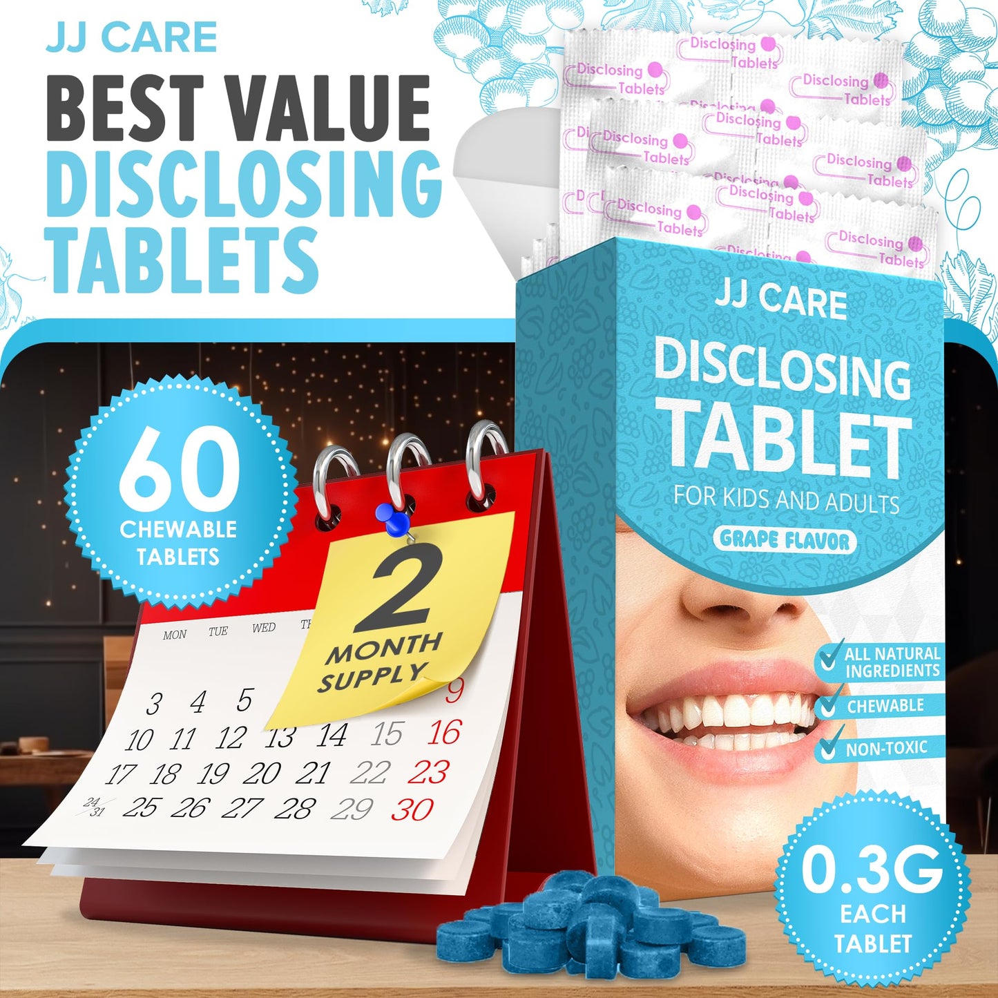 JJ Care Disclosing Tablets for Kids - 60 Count, Individually Wrapped Plaque Disclosing Tablets for Kids Brushing Teeth, Grape Flavored Plaque Remover, Dental Care for Teeth Brushing