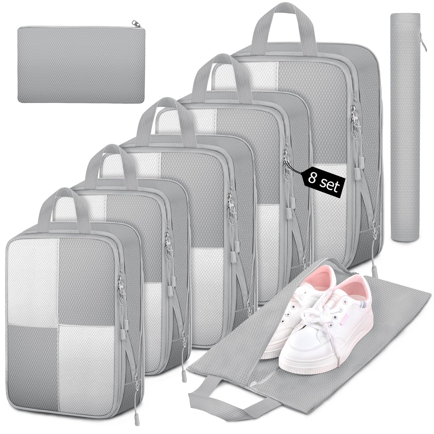 8 Set Compression Packing Cubes Travel, Lightweight Expandable Travel Cubes Suitcase Organizer for Carry On Luggage Suitcase, Grey