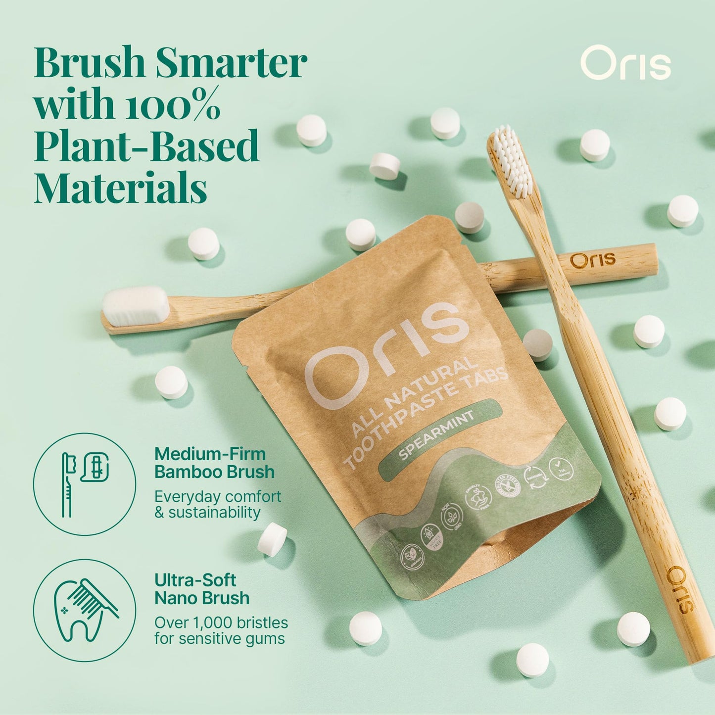 Oris Starter Bundle – 1 Month Supply: Natural Toothpaste Tablets | Fluoride-Free, Travel-Friendly, Kid-Safe with Enamel-Strengthening Nanohydroxyapatite (62 Count (Pack of 1), Peppermint)