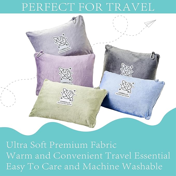 Commollis 2-in-1 Travel Blanket & Pillow for Airplane, Car, Train - Warm Compact Flight Blanket with Luggage Strap & Backpack Clip, Machine Washable, All-Season Use