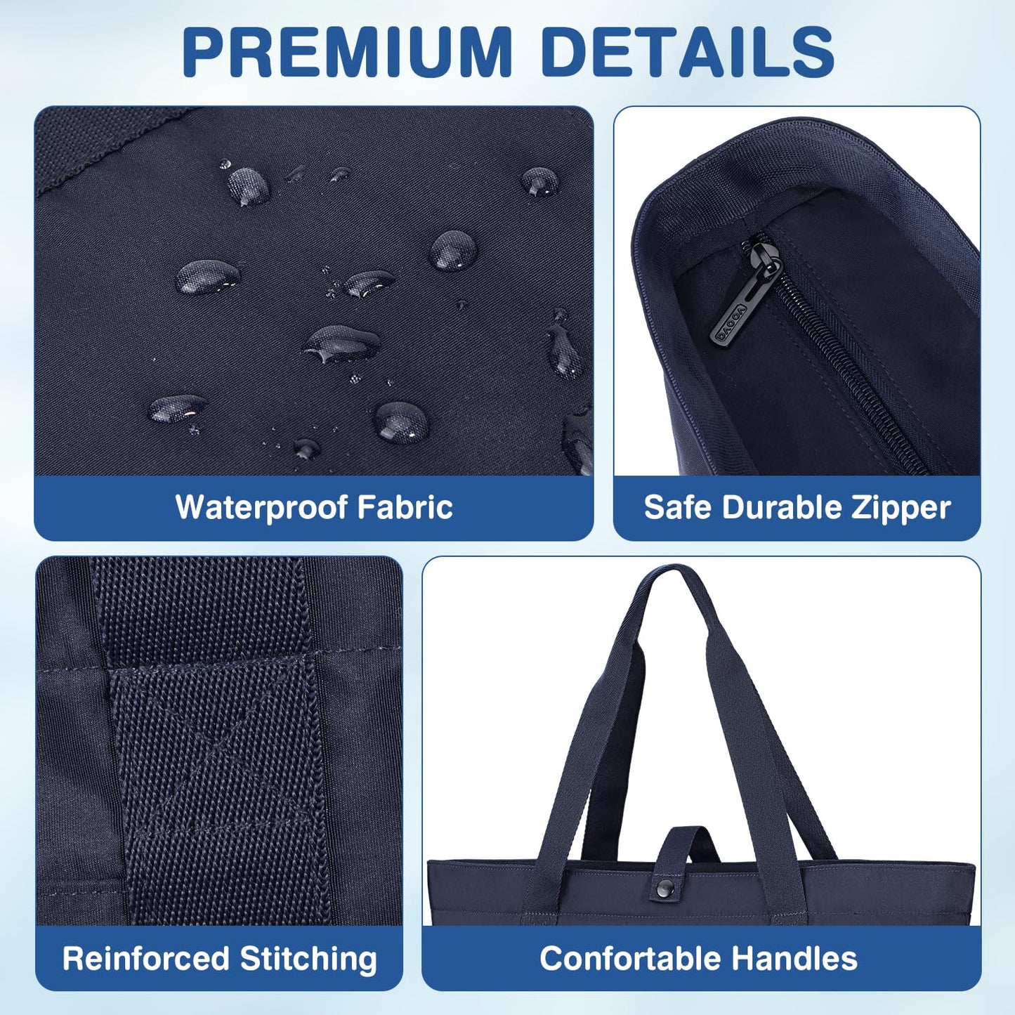 Voova Tote Bag for Women, Large Capacity Tote Bag with Zipper, Foldable Shoulder Bag Handbag for Work,Travel,Shopping,Beach, Navy Blue