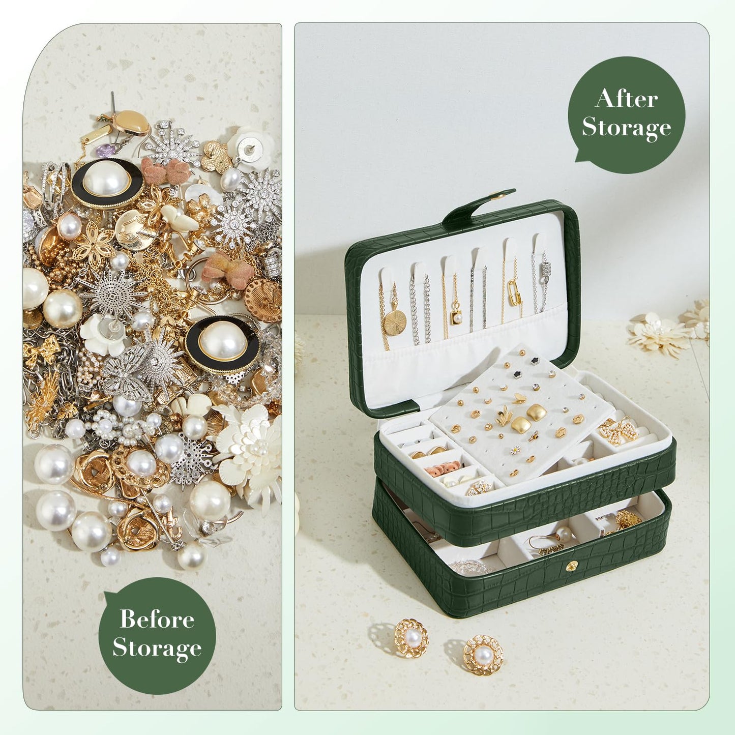 BUTI4WLD PU Leather Travel Jewelry Organizer Case for Women & Girls, 2-Layer Portable Jewelry Box for Earrings, Rings, Necklaces, Bracelets, Compact Jewelry Storage (Green)