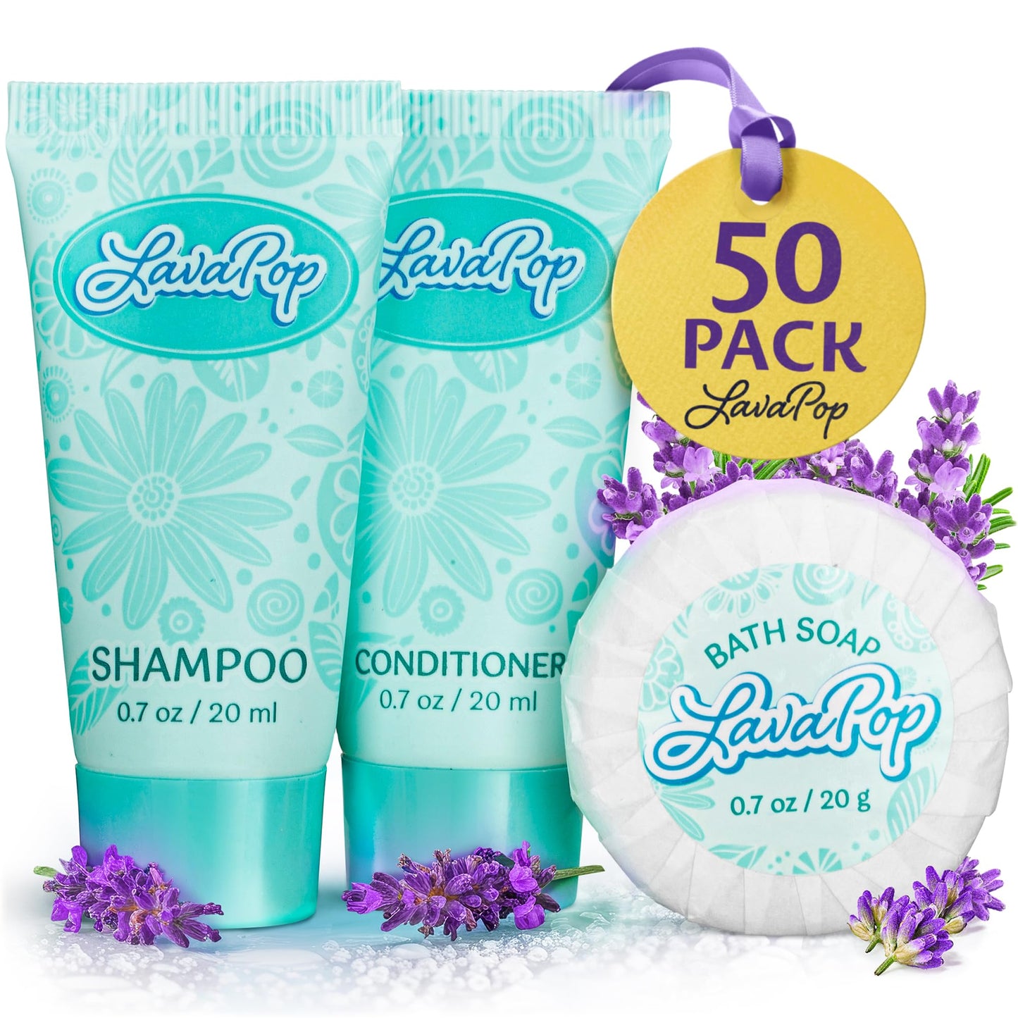 LavaPop - Hotel Soap, Shampoo & Conditioner 3-Piece Set - Iris, Violet & Amber, 0.7 oz each, 150 Pcs - Calming & Comforting Travel Size Amenities - Bulk Toiletries for Airbnb, Motels & Guest Rooms