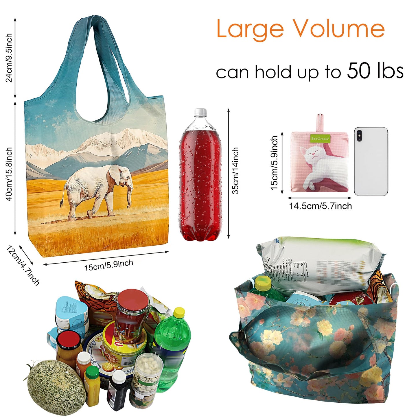 BeeGreen Reusable Grocery Bags 6 Pack, Heavy Duty Totes for Women, Foldable Grocery Bag Large Shopping Totes with Handles for Work, Travel, Gift, Store, Polyester Washable Reusable Tote Bag