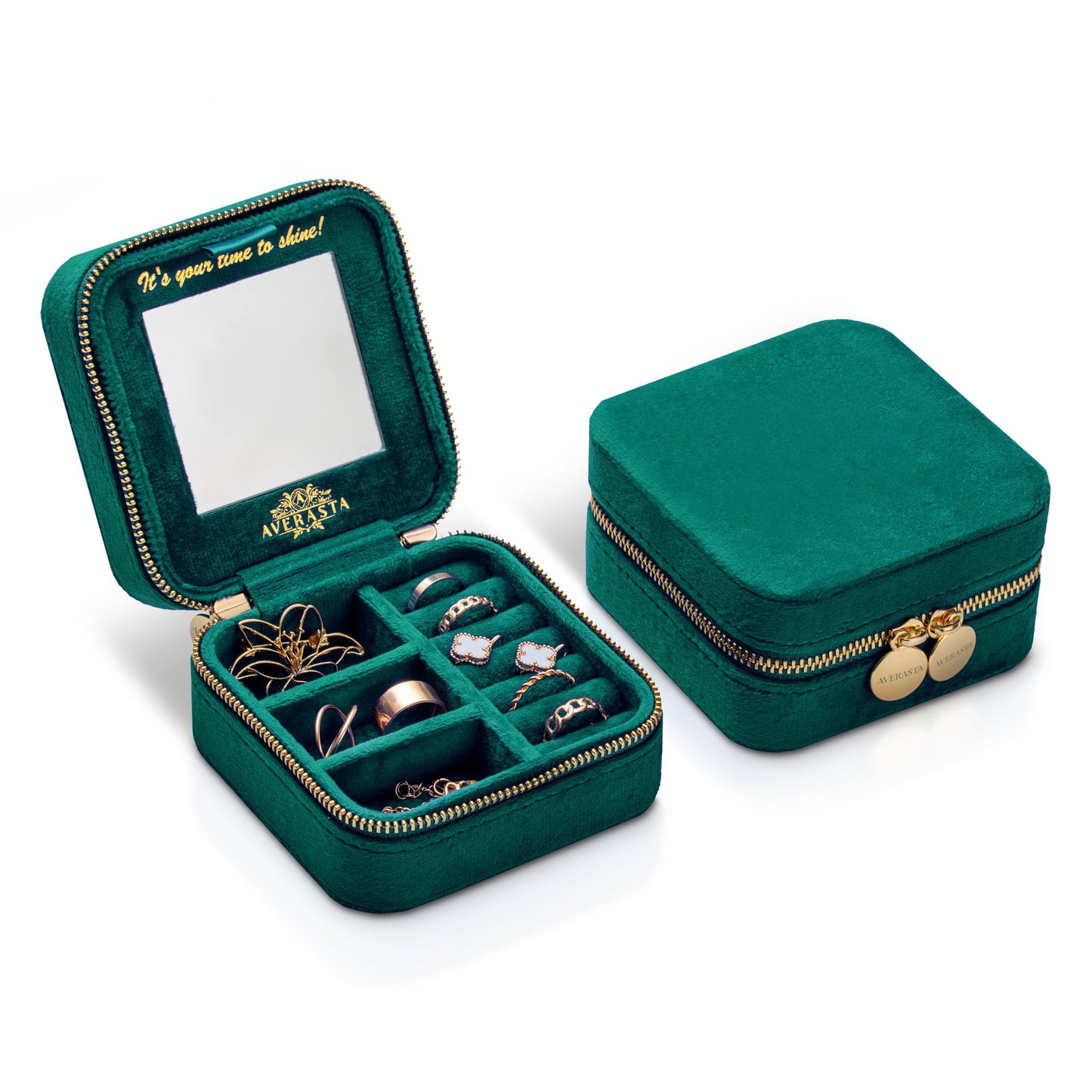 AVERASTA Luxury Velvet Jewelry Box - Travel Jewelry Box - Travel Jewelry Case Organizer with Mirror - Gifts for Women, Mom, Wife, Girlfriend, Her – Emerald Green