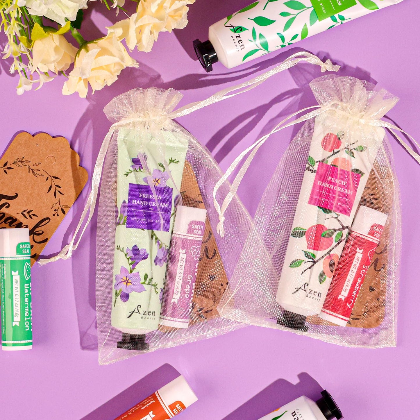 AZEN 30 Sets Bulk Gifts, Hand Cream and Lip Balm Bulk Set with Organza Bag Thank You Card, Baby Shower Wedding Gifts for Guests, Bridal Wedding Favors for Guests,Thank You Gifts for Women