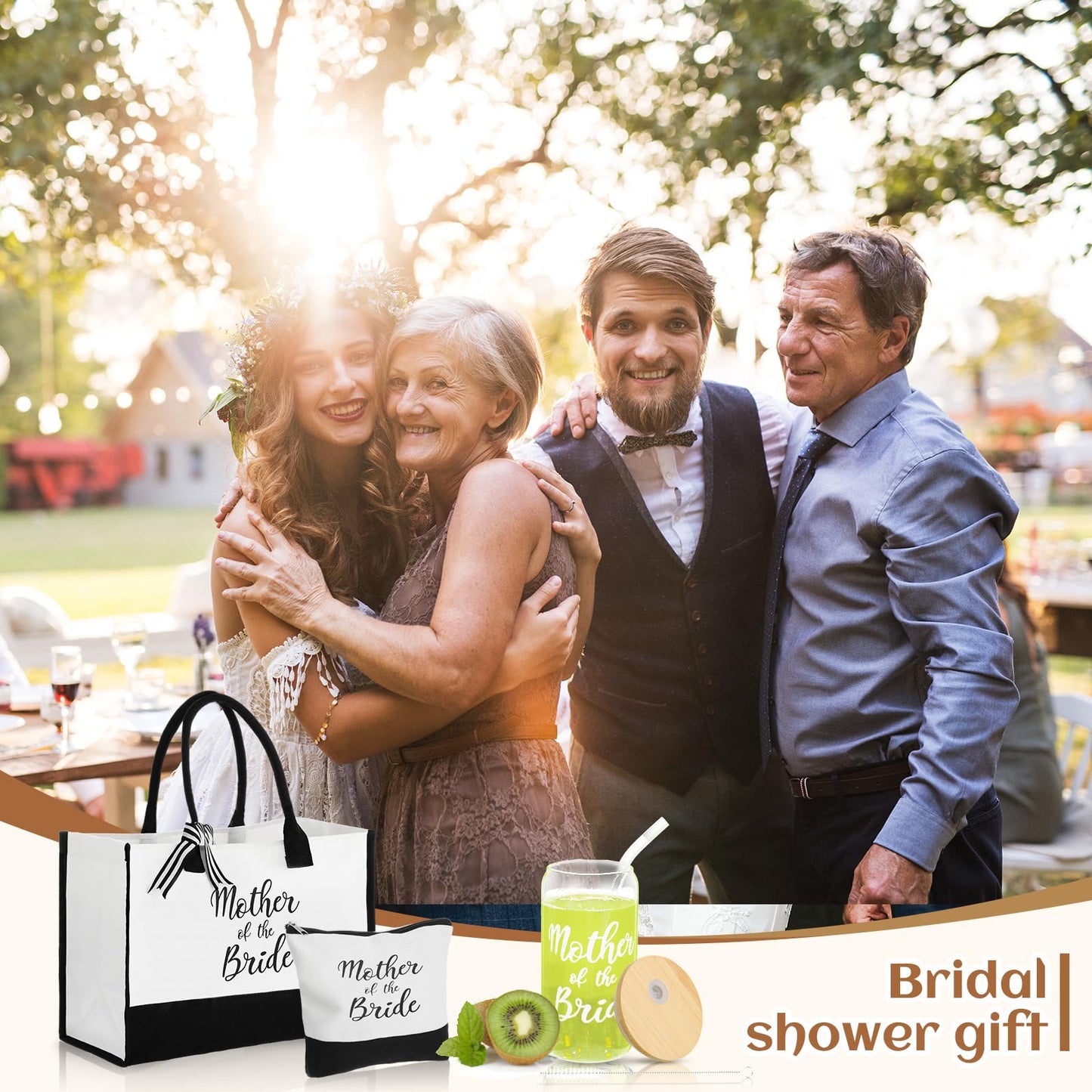 Zubebe 3 Pcs Bride Gifts Set for Bridal Shower Include Glass Cup Canvas Tote Bag Makeup Bag for Honeymoon Gift (Mother of the Bride)