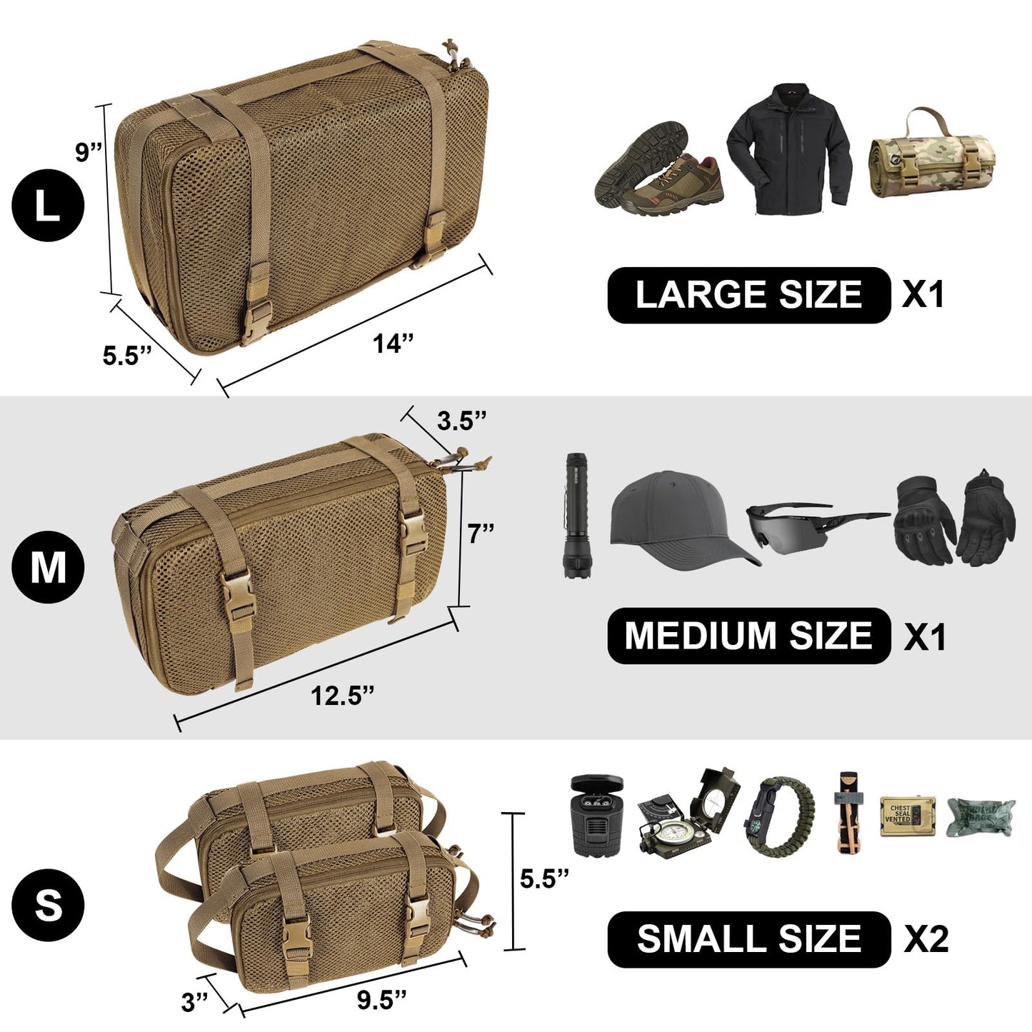 CASONMMAX 4 Set Tactical Packing Cubes ,Compressible Mesh Duffle Storage Bag,Portable Edc Molle Pouch Organizer. (CB)