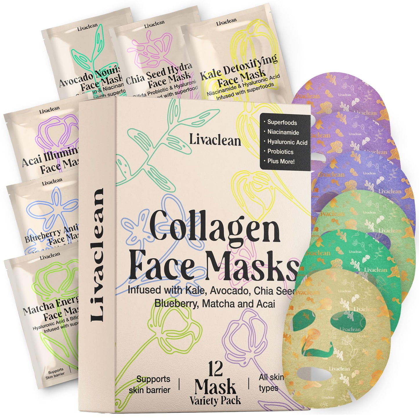 LivaClean 12 CT Face Masks Skincare - Collagen Sheet Mask - Hydrating Face Masks Bulk with Glycerin, Hyaluronic Acid, Aloe Vera - Soothing, Refreshing, Moisturizing Formula for All Skin Types