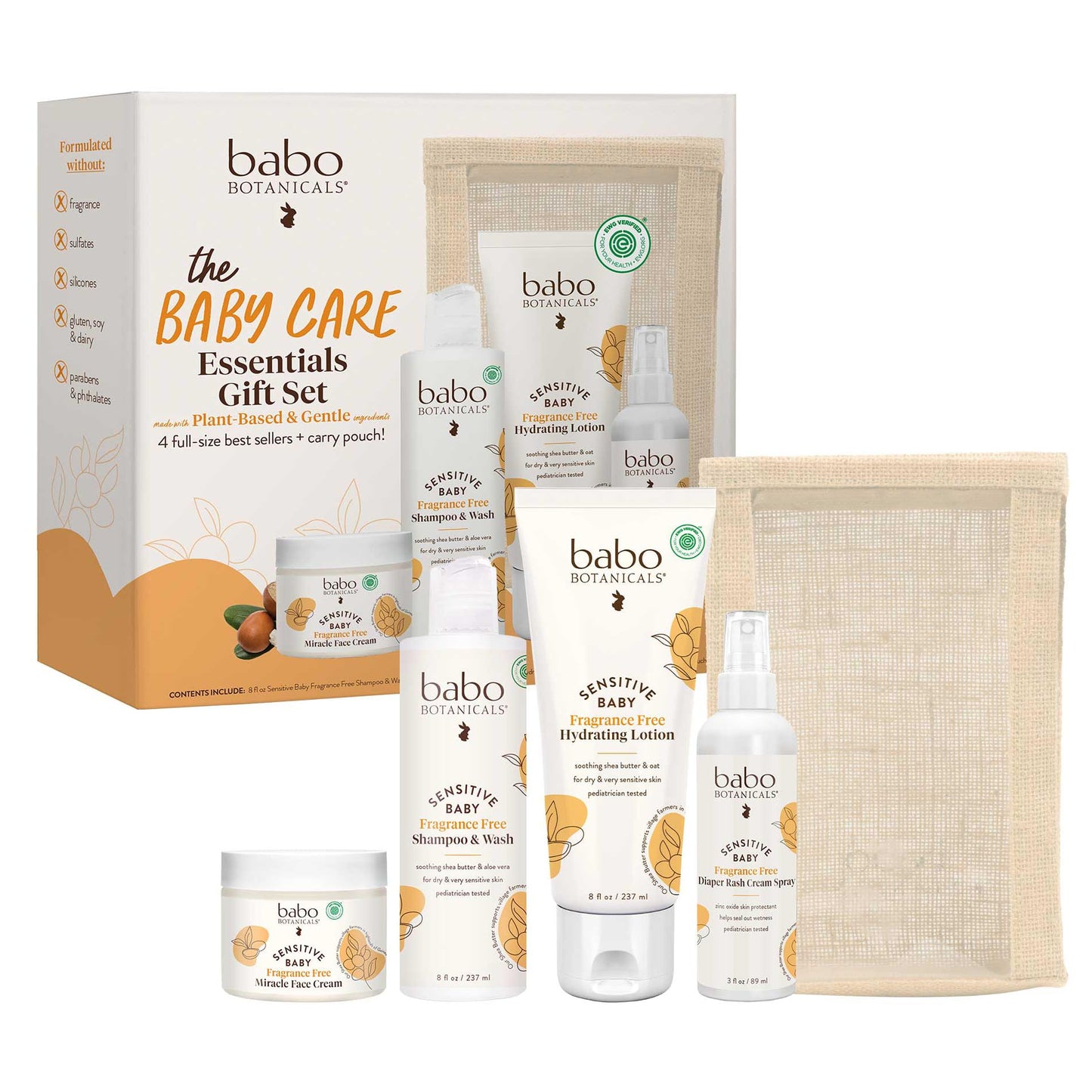 Babo Botanicals Baby Care Essentials Gift Set - Skincare, Bath & Diaper - For Delicate Skin, Fragrance-Free with Shea Butter, Includes Reusable Carry Pouch - Natural & Plant Based - 5 Items Set