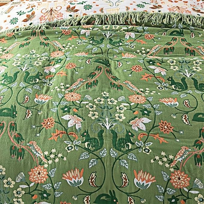 100% Cotton Throw Blankets 60"x80", Versatile Green Boho Blankets for All Season,Sofa Couch Beding Livning Throw Blankets Soft Cozy Farmhouse Musin Blanktes Best Gifts for Women
