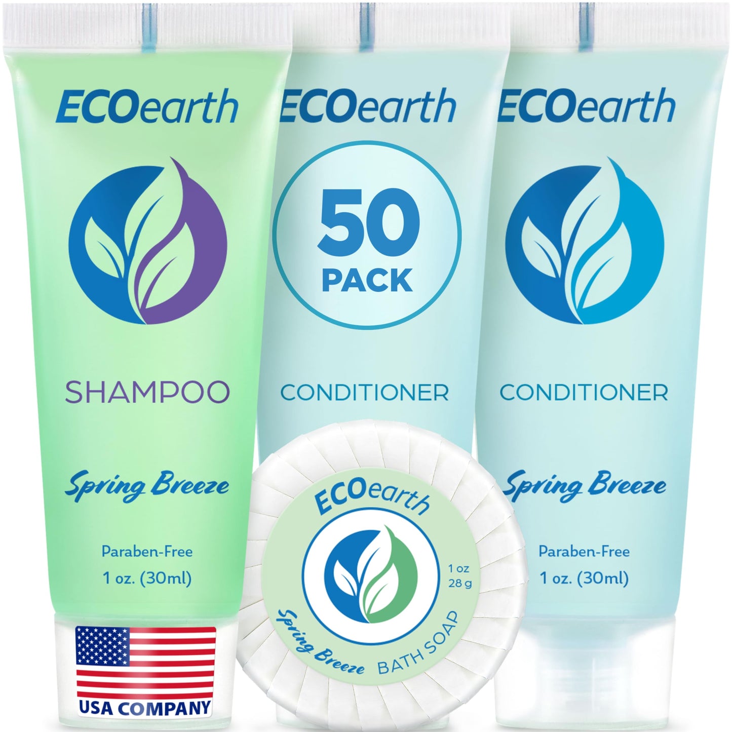 EcoEarth Soap, Shampoo and Conditioner Set (1 oz each, 150 Pieces, Spring Breeze), Hotel Travel Size Body Soaps Kit, Delight Guests with Revitalizing & Refreshing Hospitality Toiletries in Bulk