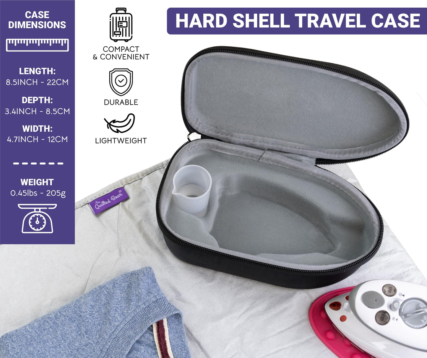 The Quilted Bear Mini Steam Iron - Lightweight Mini Travel Iron for Effortless Quilting & Wrinkle-Free Clothes with Hard Shell Case - Travel Steamer Craft Press for Clothes & Crafts (Black)