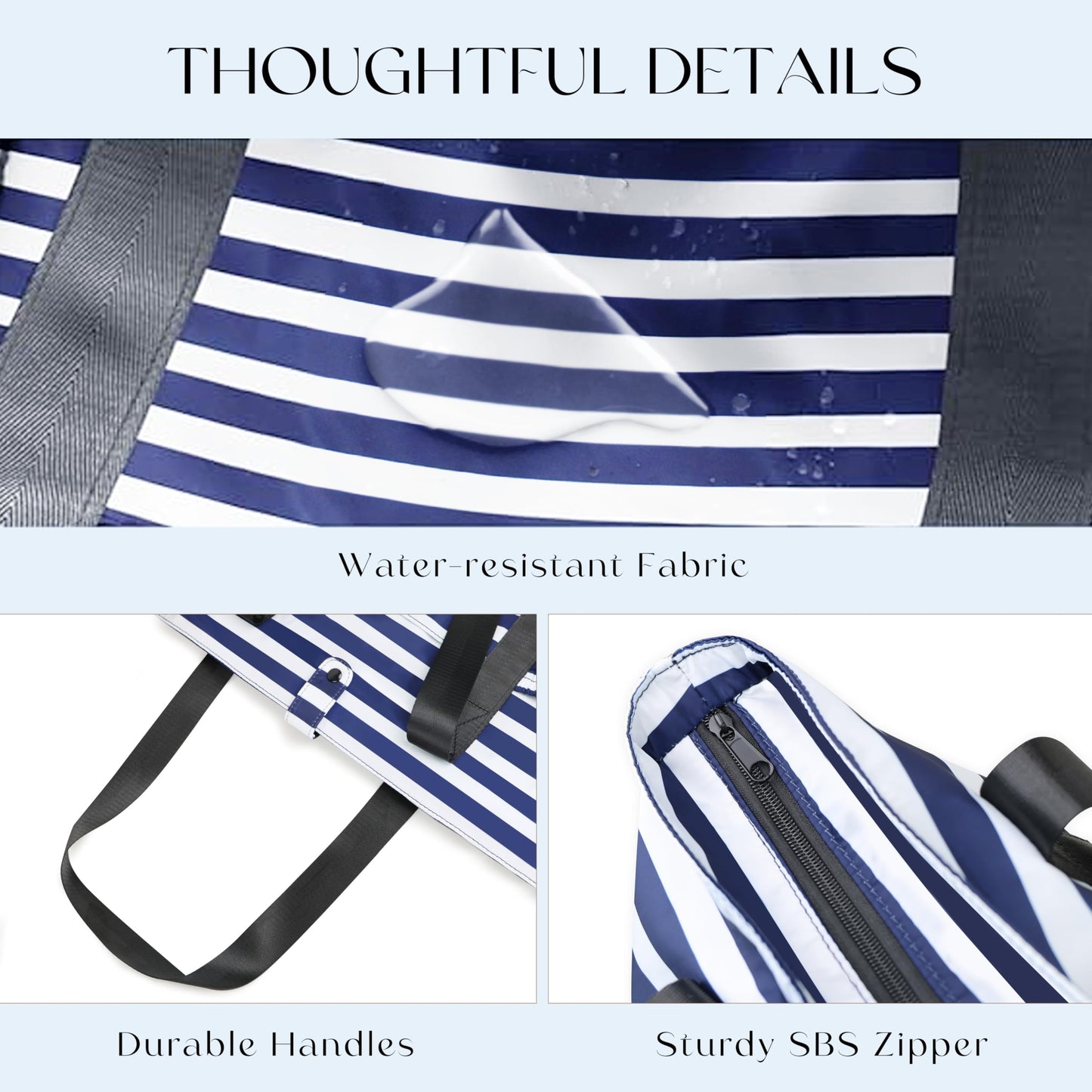 Buringer HOMESPON Large Foldable Beach Tote Bag for Women with Zipper Waterproof Handbag for Travel Shopping Gym Vacation (Blue Stripe)