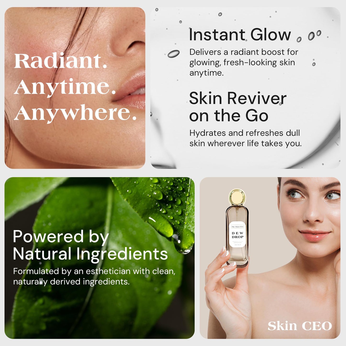 The Skin CEO Dew Drop Hydrating Face Mist, 120ml/4oz, with Jojoba Oil and Pearl Powder.