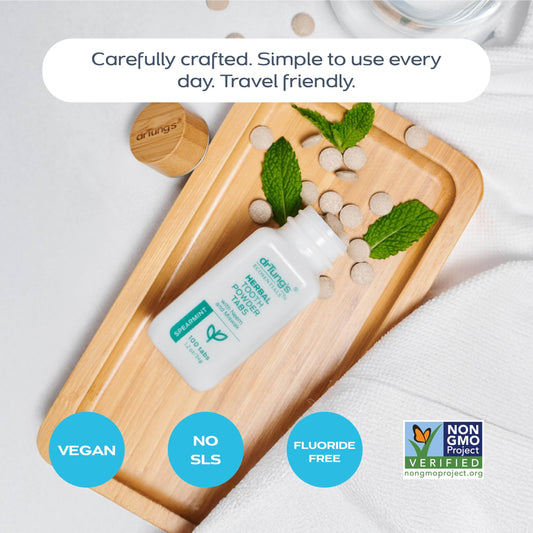 drTung's Herbal Toothpaste Tablets - Toothpaste Tabs for Dry Mouth Relief, Natural Tooth Powder Tablets for Fresh Breath, Fluoride Free, Travel Size, Vegan, Non-GMO - Spearmint (100 Tabs)