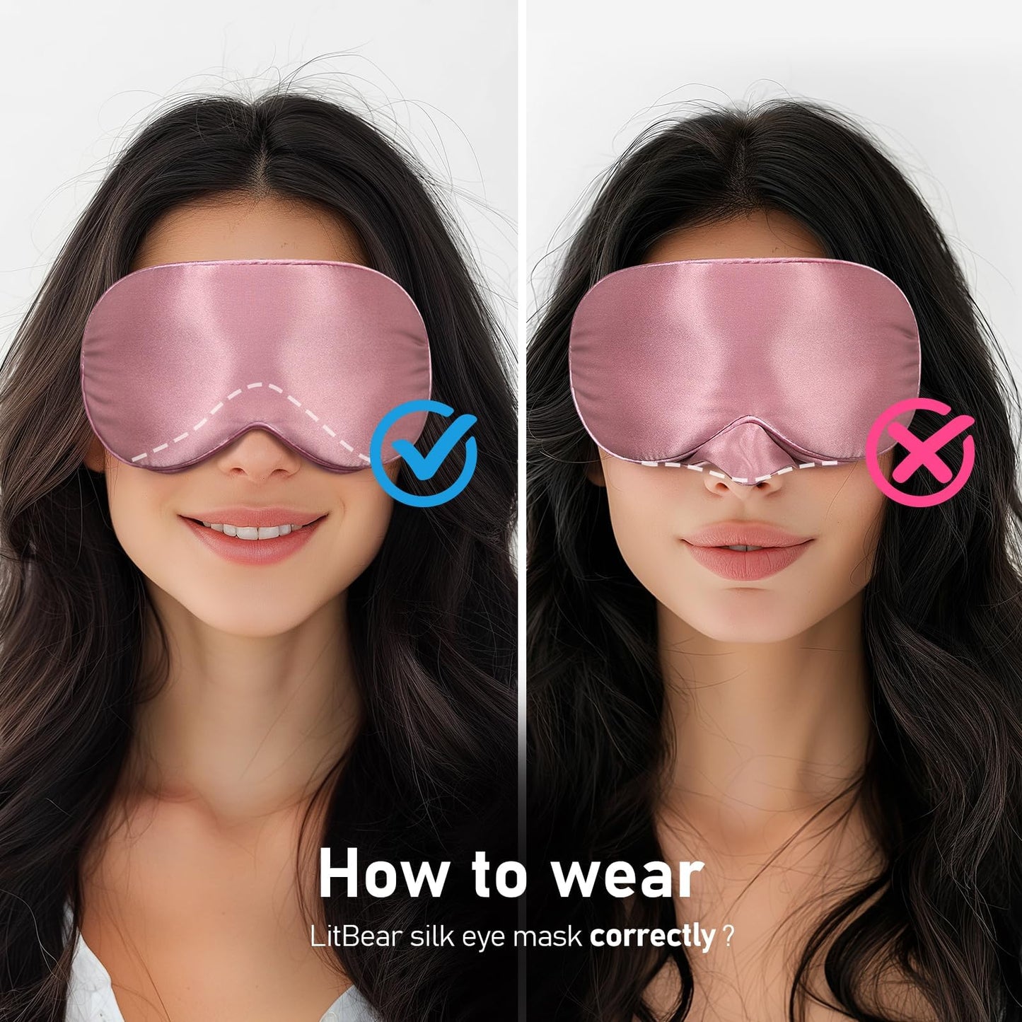 LitBear 100% 22 Momme Mulberry Silk Sleep Mask - 3D Contoured Eye Mask for Men Women, Soft Breathable Sleeping Mask with Adjustable Strap, Perfect Blocks Light for Sleeping (Bean Pink)