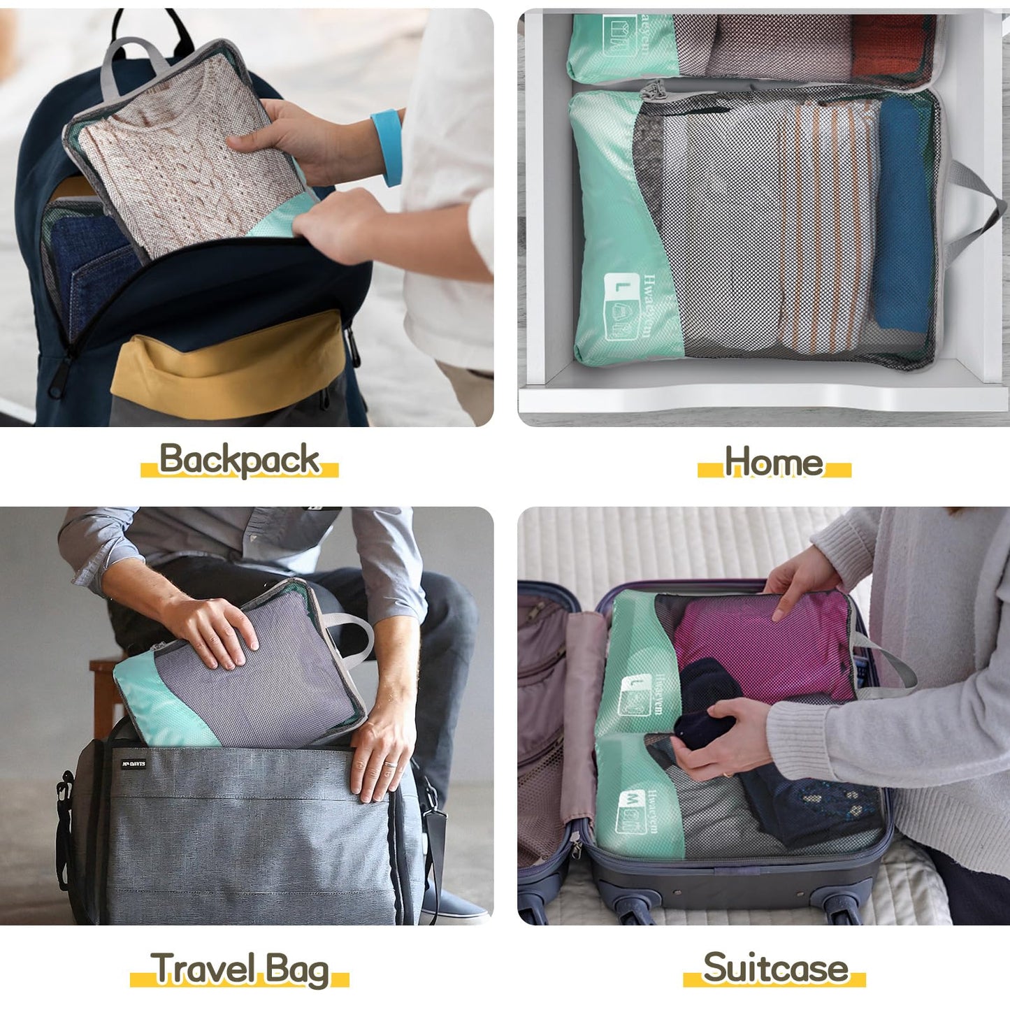 HWAEYEM Compression Packing Cubes 8 Set, Dual Zipper Compression Packing Cubes for Travel, See-Through Mesh Packing Bags for Suitcases, packing cubes with shoe bag