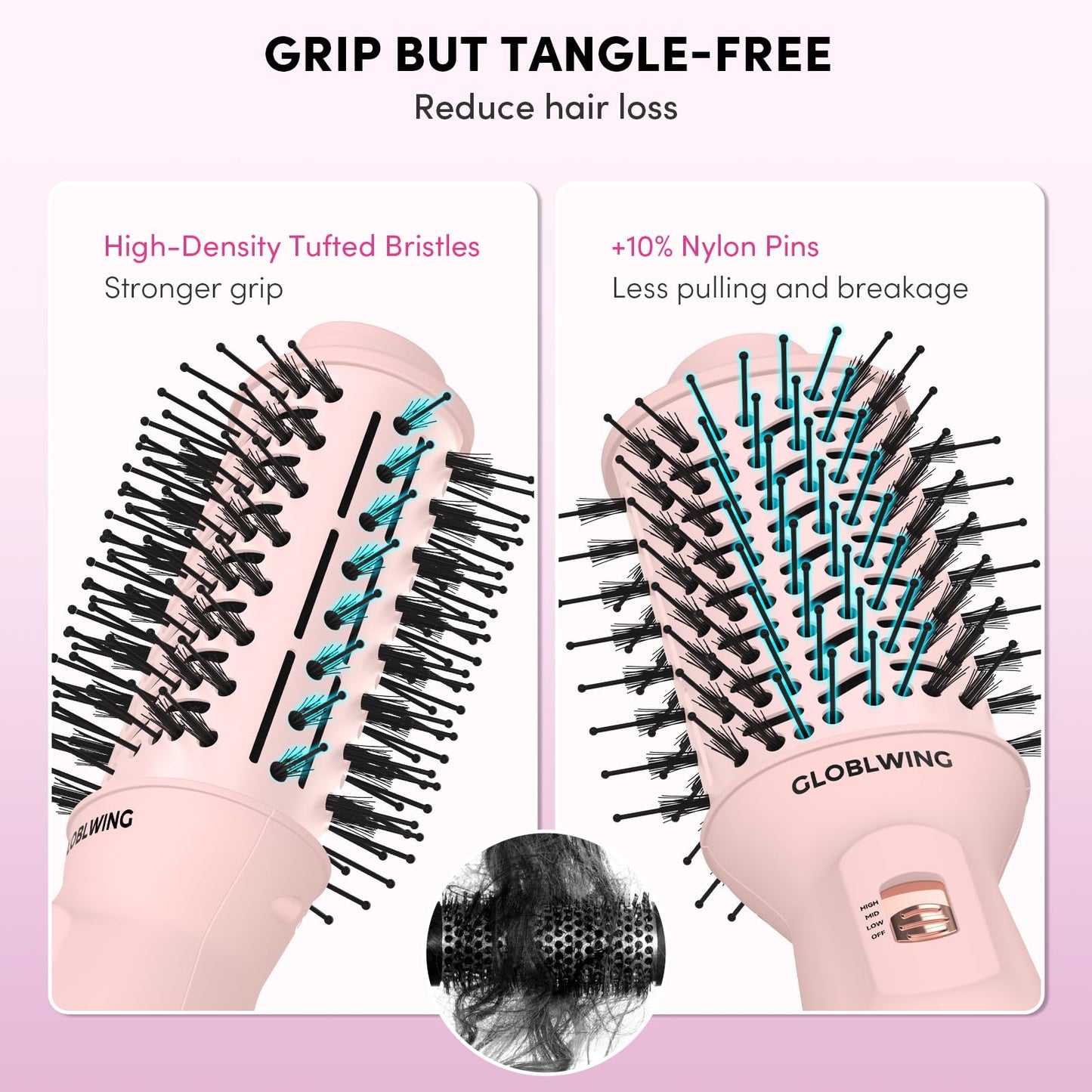 GLOBLWING Travel Dual Voltage Hair Dryer Brush Compact Mini Hot Air Brush with European Plug One Step Blow Dryer and Styler for Women, Oval Barrel 3 Heat & 2 Speed Settings