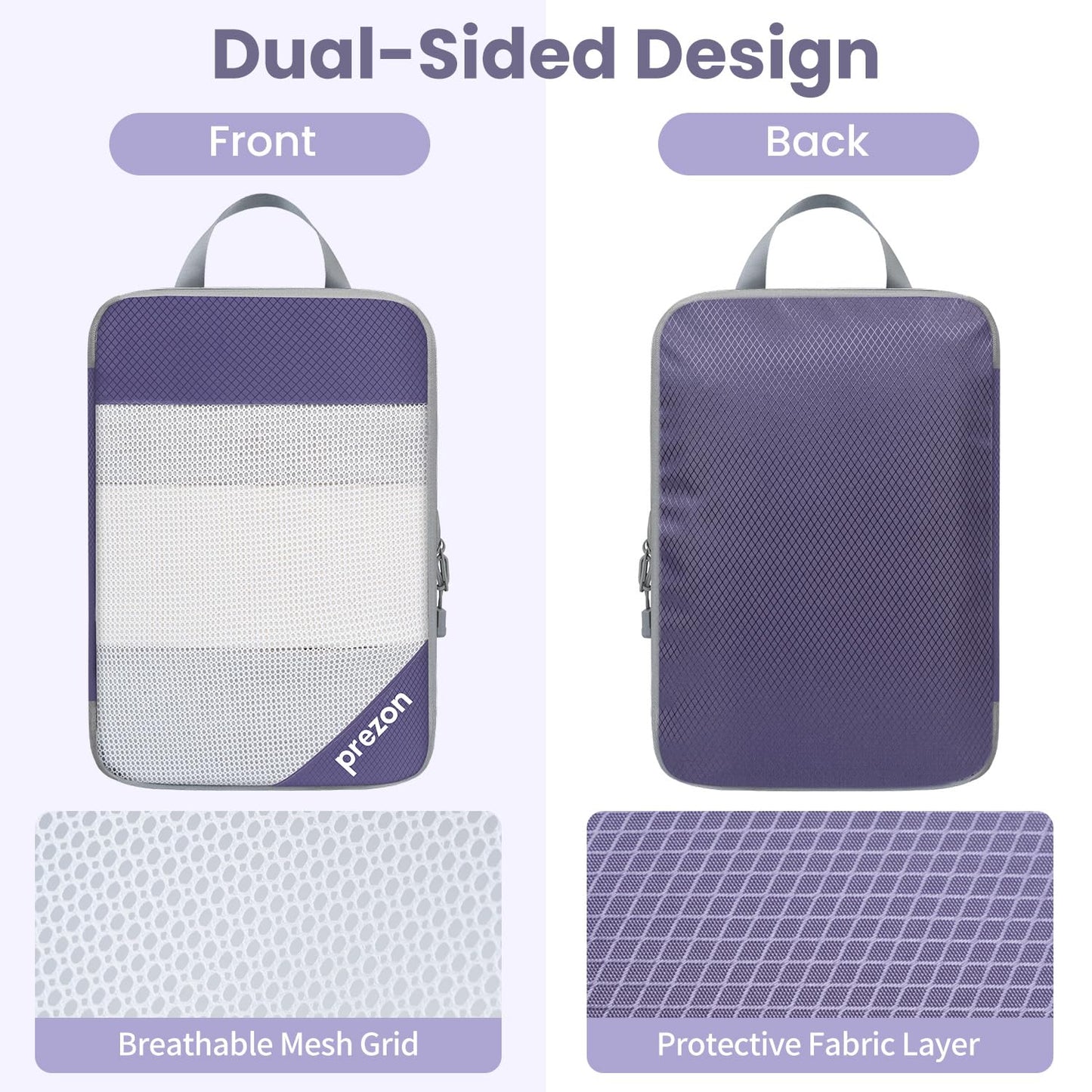 Prezon 8 Set/6 Set/4 Set Compression Packing Cubes for Travel, Lightweight Vacation Travel Essentials,Accessories for Suitcase Organizer Bags Set, Durable Luggage Organizer (6-half mesh-Purple)