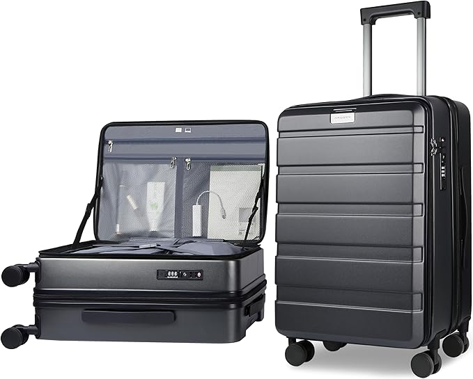 KROSER Carry On Luggage with Spinner Wheels & Built-in TSA Lock, Expandable Top Loading Hard Shell Suitcase Large Capacity Durable Rolling Luggage with USB Port, Carry-On 20-Inch, Steel Grey