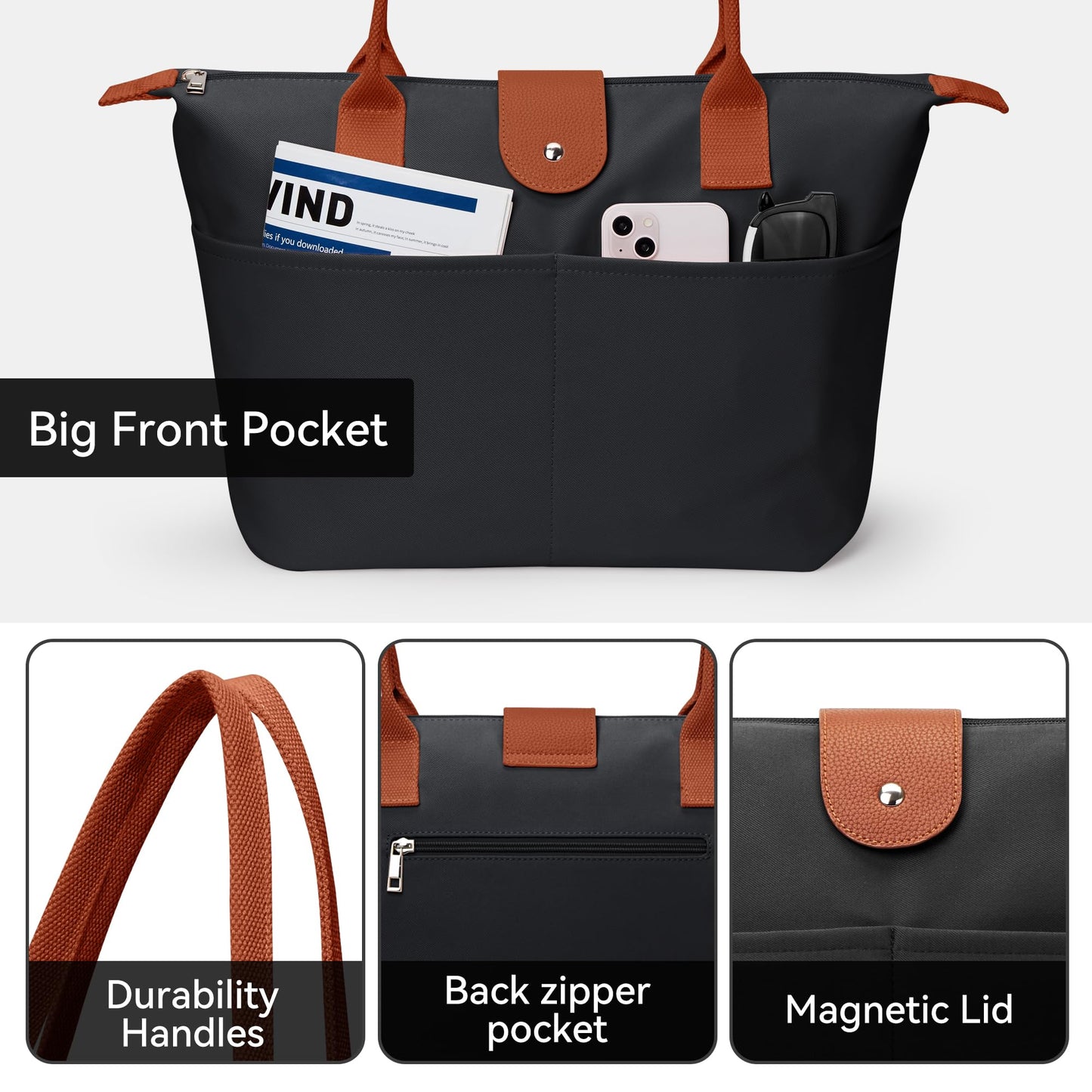 DIXEIGHT Nylon Tote Bag Women Zipper Shoulder Purse Large Hobo Top Handle Foldable Handbags for Work Travel Shopping, Black