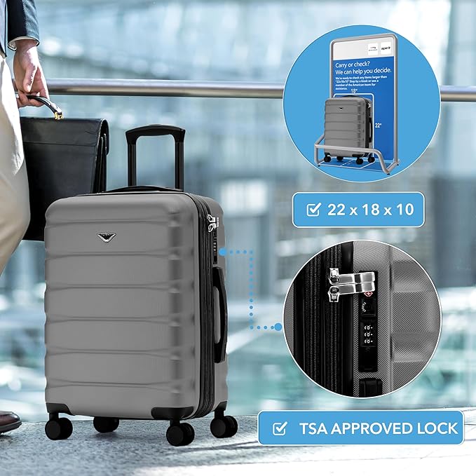Carry On Suitcase Hardside TSA Lock & USB Port Silent Double Spinner Wheels Maximum Overhead Carry-On Bag Approved For Many Airlines( 22x18x10" ,Charcoal )
