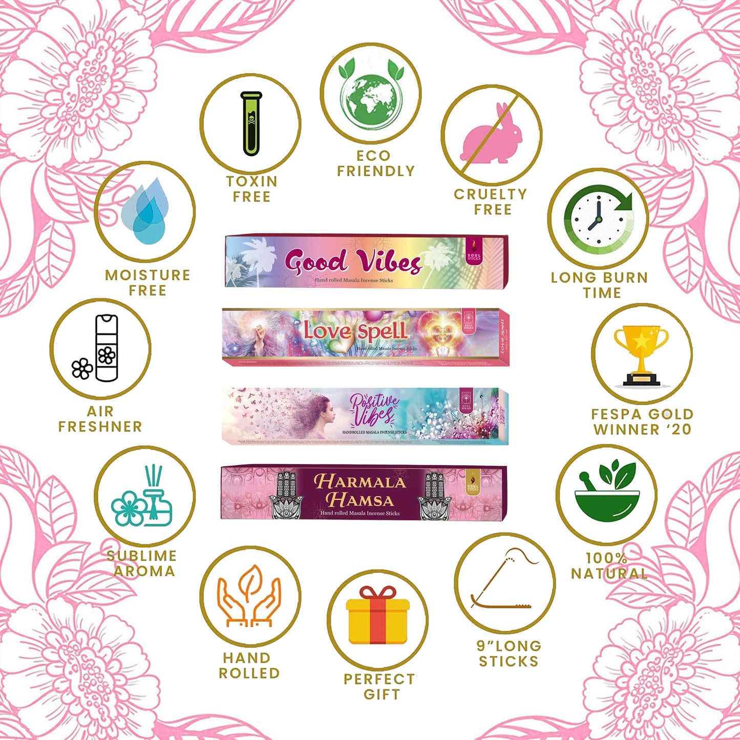 Soul Sticks Hand-Rolled Incense Sticks Variety 4 Pack | 100% Natural Masala Incense Organic Home Fragrance Agarbatti | 15 Grams Per Pack - 60 Grams Total (Magical Bliss) (Peace & Love)
