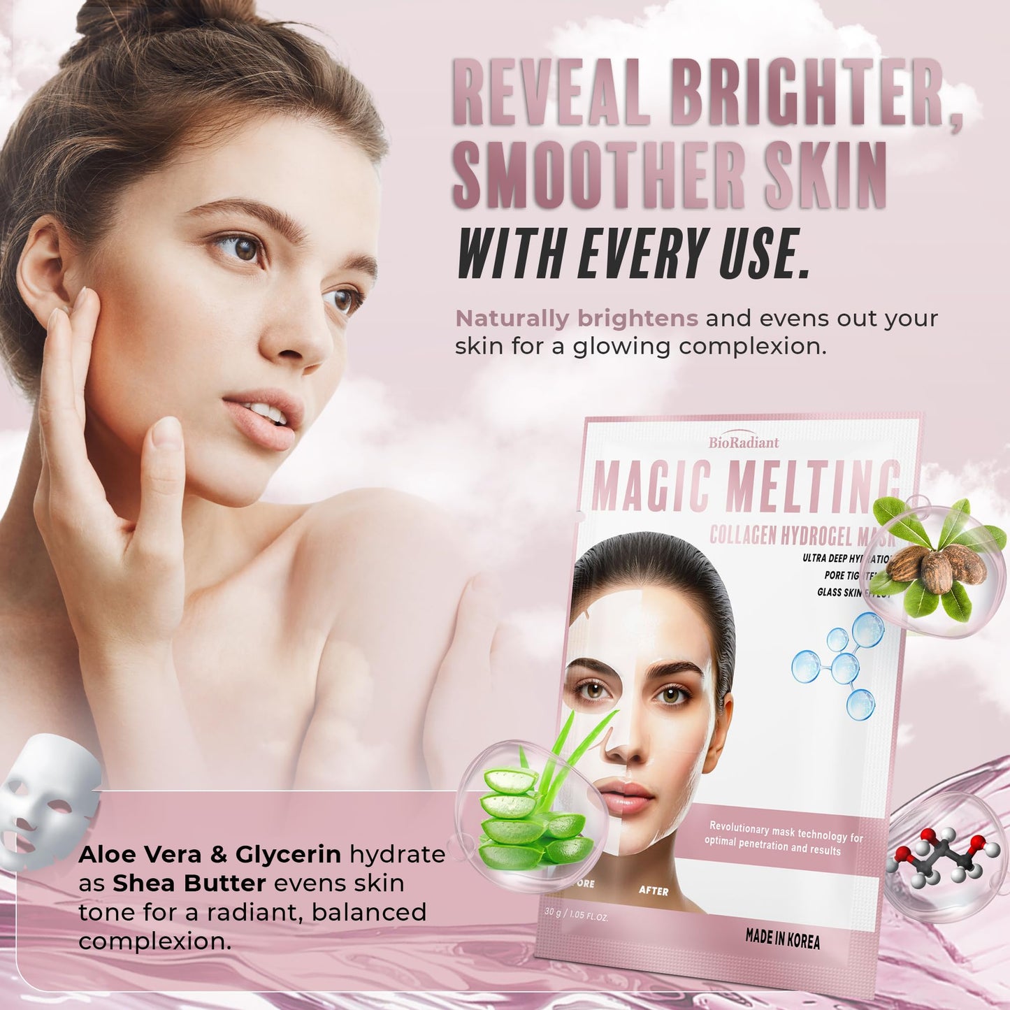 Bio Radiant Magic Melting Face Mask - Collagen Ultra Hydrating Overnight Hydrogel Mask, Pore Minimizer For Face with Glass Skin Effect - Vegan, Clean Beauty, Made in Korea - Pack of 6