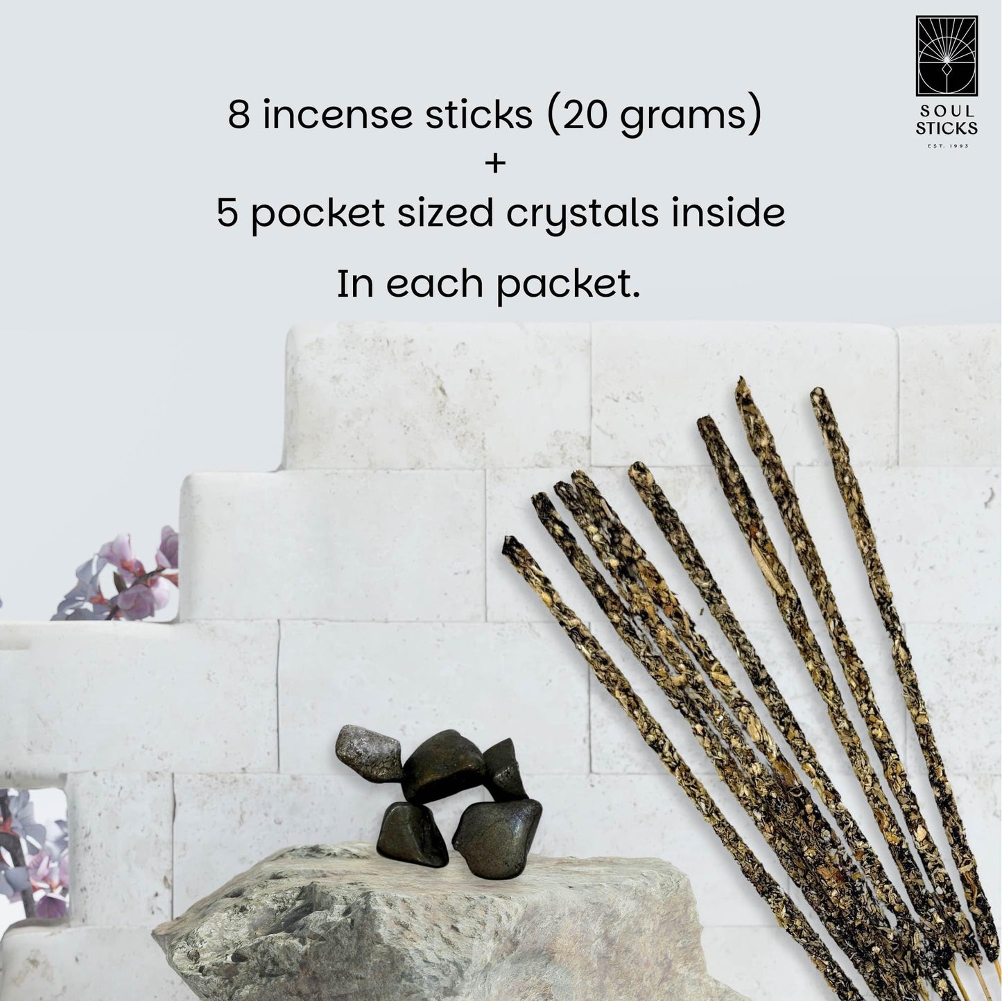 SOUL STICKS Thick Handcrafted Incense Sticks Spicy Cinnamon Scented (Includes 5 Crystals) 20g Thick, Herb-Dipped Sticks Bundle Ideal for Aromatherapy, Cleansing & Relaxation