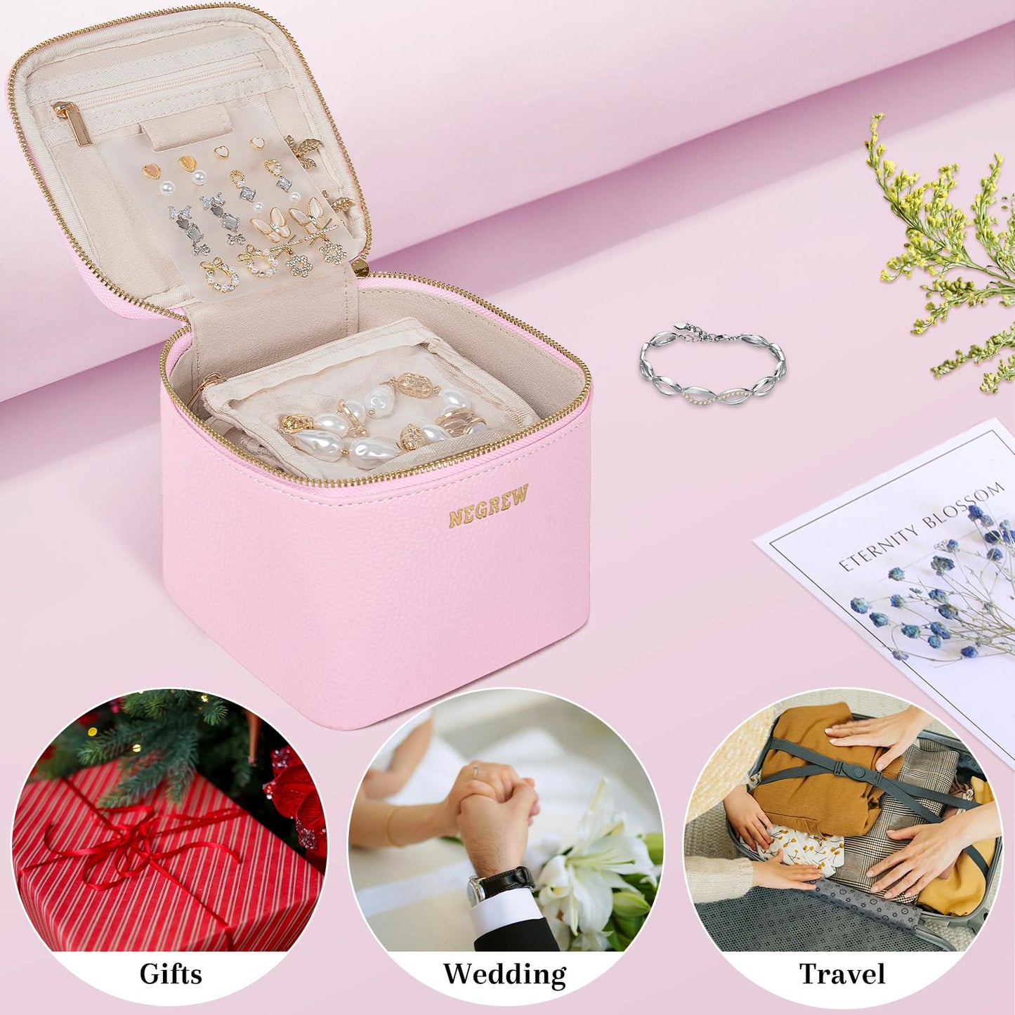 Travel Jewelry Box with 6 Pouches, Leather Jewelry Organizer Case for Women Girl for Necklace Earring Bracelet Ring, Jewelry Holder Organizer Box,Wedding Birthday Gift Idea