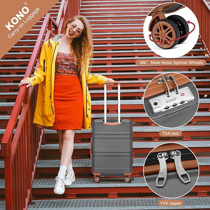 Kono Luggage Set 4 Piece Carry On Hardside Luggage with TSA Lock Spinner Wheels Carry On Suitcase Apricot Grey