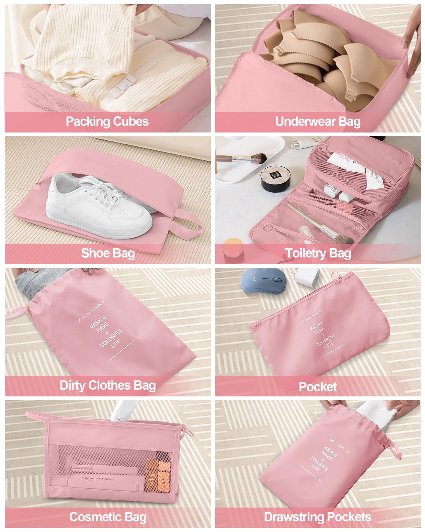 Anjing 10 Set Packing Cubes Luggage Packing Organizers for Travel Accessories Travel Essentials Luggage Organizer Bags for Carry on Suitcases, Pink, (WMUS1202X01-3)