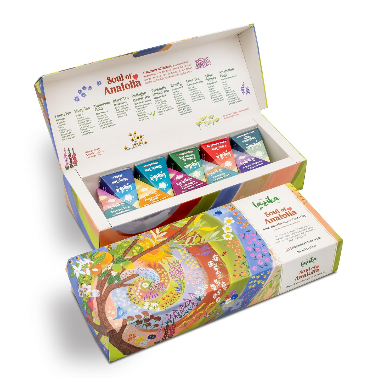 Lazika Tea Variety Pack with Lovely Presentation Box, Black, Green and Herbal Tea Sampler Gift Set, 10 Counts, Premium Collection with Pyramid Infuser Bag, Handcrafted