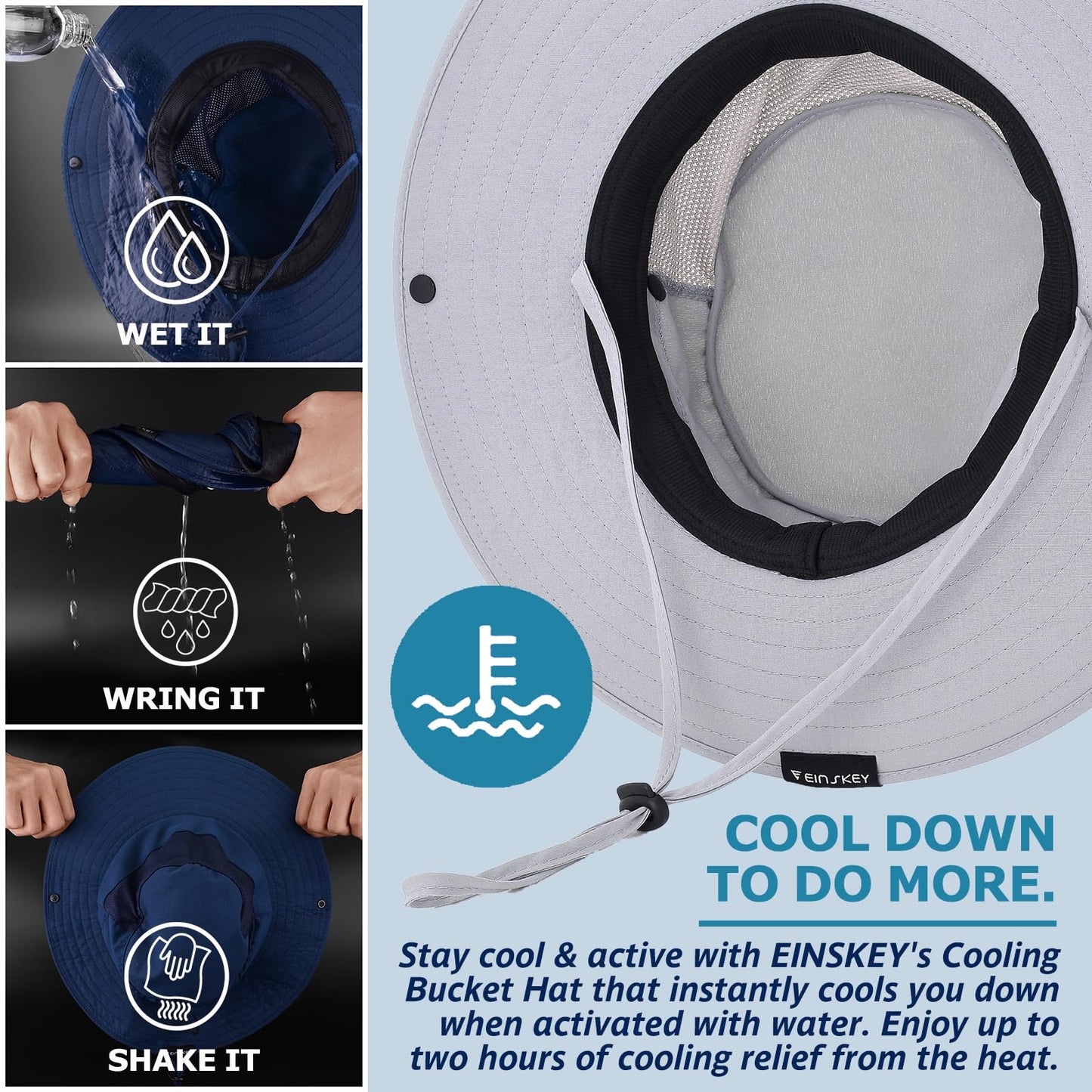 EINSKEY Cooling Sun Hat for Men Women, Packable Wide Brim Bucket Hat with Ponytail Adjustable Boonie Hat for Fishing Hiking