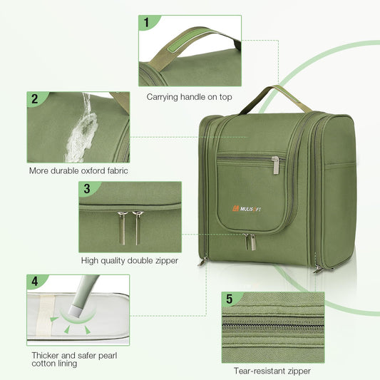 MULISOFT Travel Toiletry Bag for Women & Man, Extra Large Toiletry Bag, Portable Hanging Toiletries Bag, Water Resistant Dopp Kit for Toiletries, Cosmetics, Big Comparment Travel Makeup Bag, Green