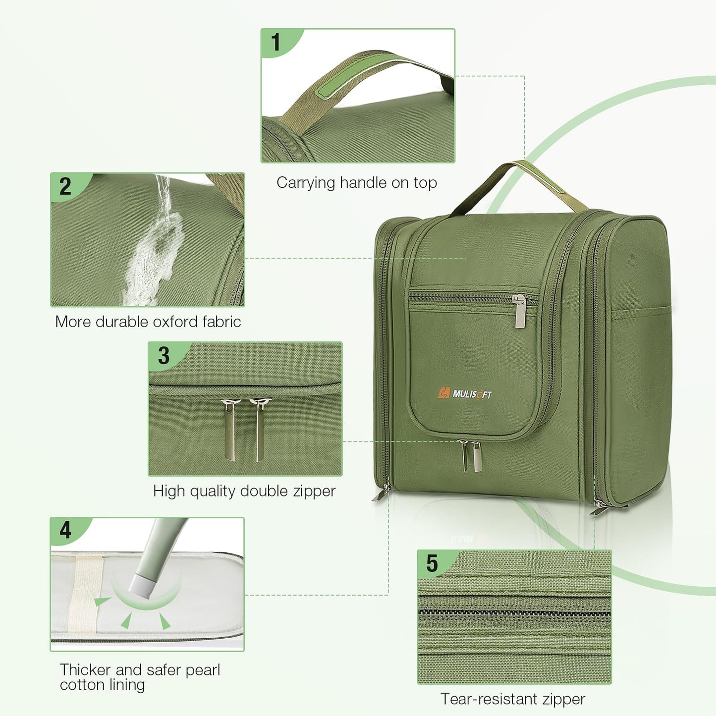 MULISOFT Travel Toiletry Bag for Women & Man, Extra Large Toiletry Bag, Portable Hanging Toiletries Bag, Water Resistant Dopp Kit for Toiletries, Cosmetics, Big Comparment Travel Makeup Bag, Green