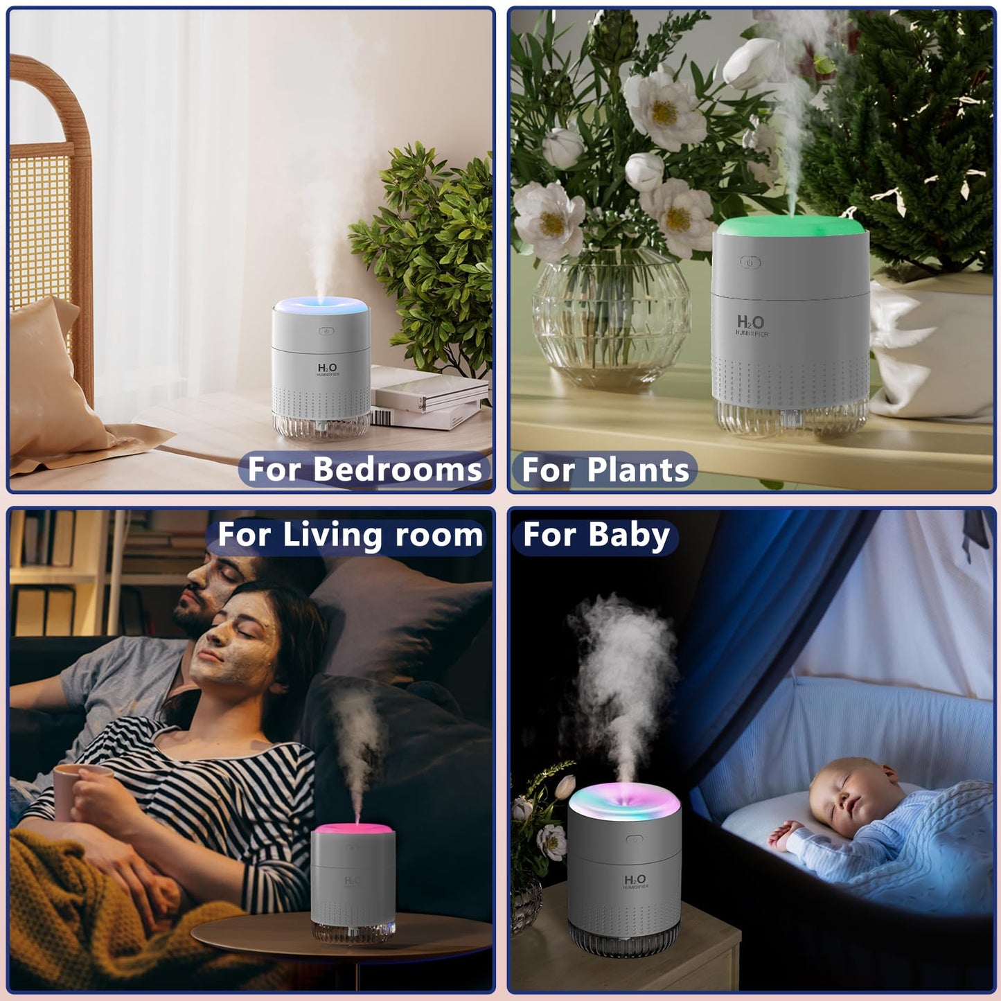 Colorful Mini Humidifier, USB Rechargeable Humidifier, small humidifier, 4 Modes Super Quiet, Humidifiers For Bedroom,Suitable For Travel Office Family Baby Bedroom-Grey