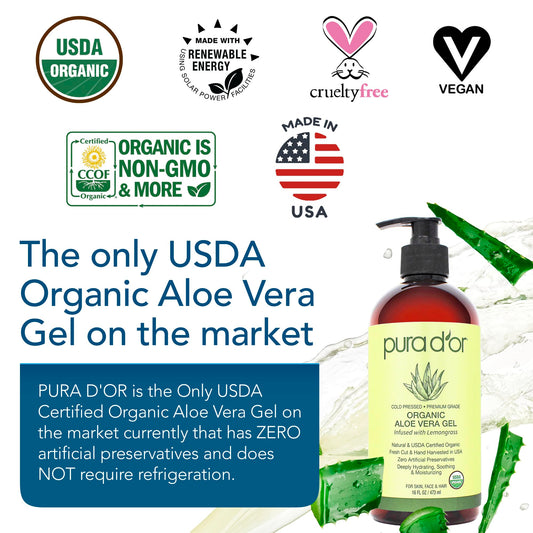 PURA D'OR 16 Oz ORGANIC Aloe Vera Gel - Lemongrass - All Natural - ZERO Artificial Preservatives - Deeply Hydrating & Moisturizing - Sunburn, Bug Bites, Rashes, Small Cuts, Eczema Relief - Skin & Hair