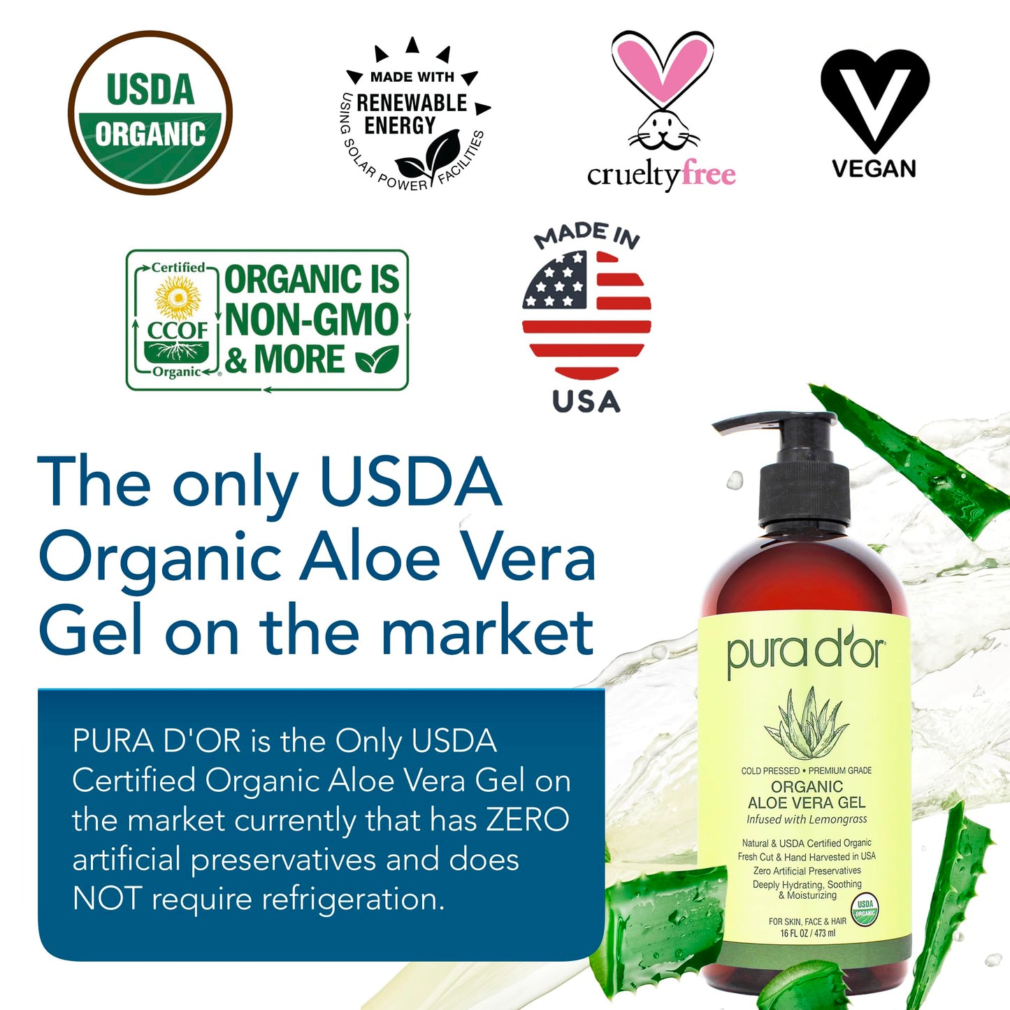 PURA D'OR 16 Oz ORGANIC Aloe Vera Gel - Lemongrass - All Natural - ZERO Artificial Preservatives - Deeply Hydrating & Moisturizing - Sunburn, Bug Bites, Rashes, Small Cuts, Eczema Relief - Skin & Hair