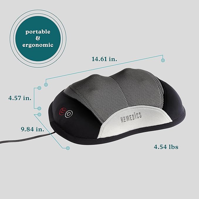 Homedics Back and Neck Massager, Portable Shiatsu All Body Massage Pillow with Heat, Targets Upper and Lower Back, Neck and Shoulders. Lightweight for Home, Office, Travel (Black)