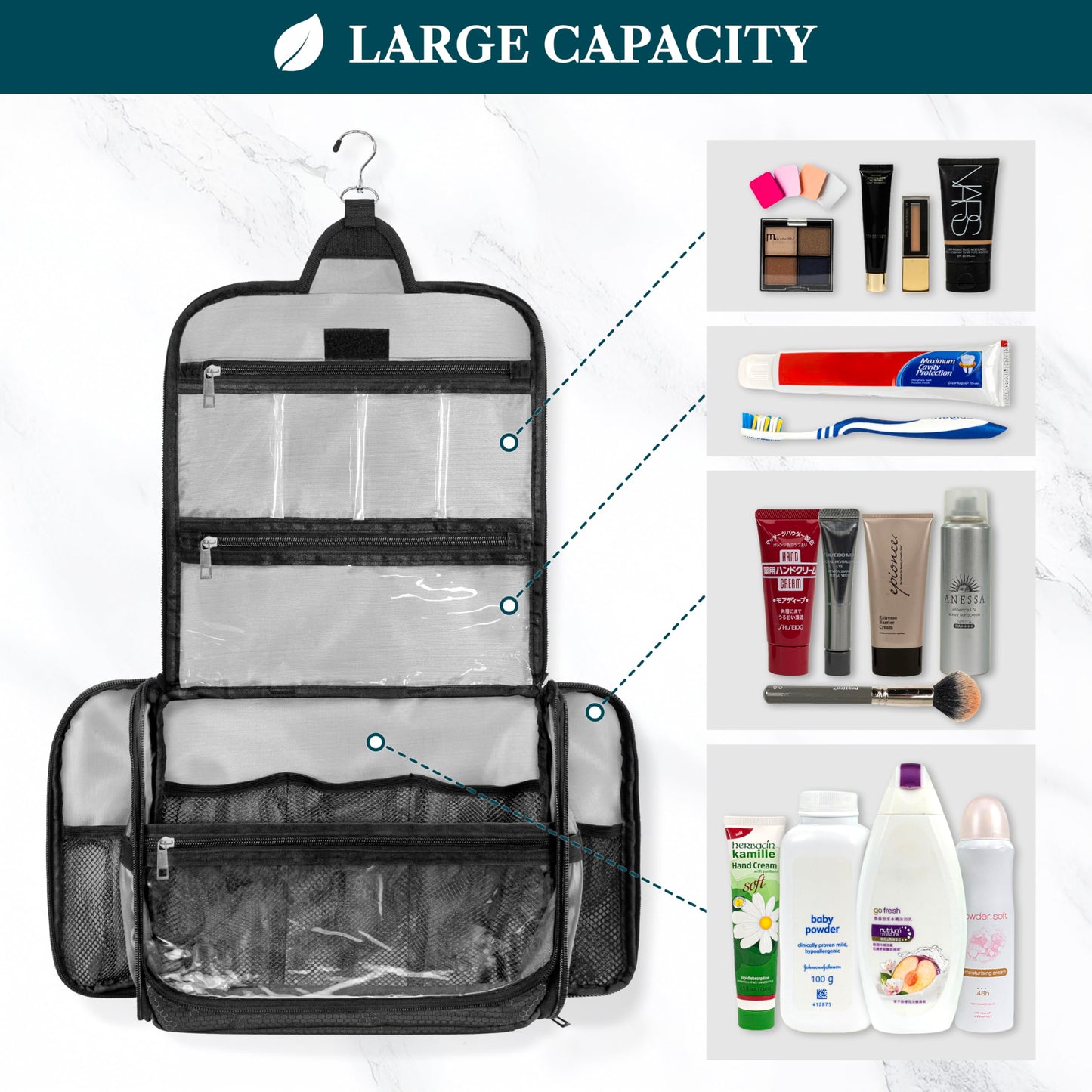 PAVILIA Large Hanging Toiletry Bag Travel Bag Women Men, Cosmetic Organizer, Water Resistant Makeup Bag Accessories Toiletries, Travel Essentials Kit, Black