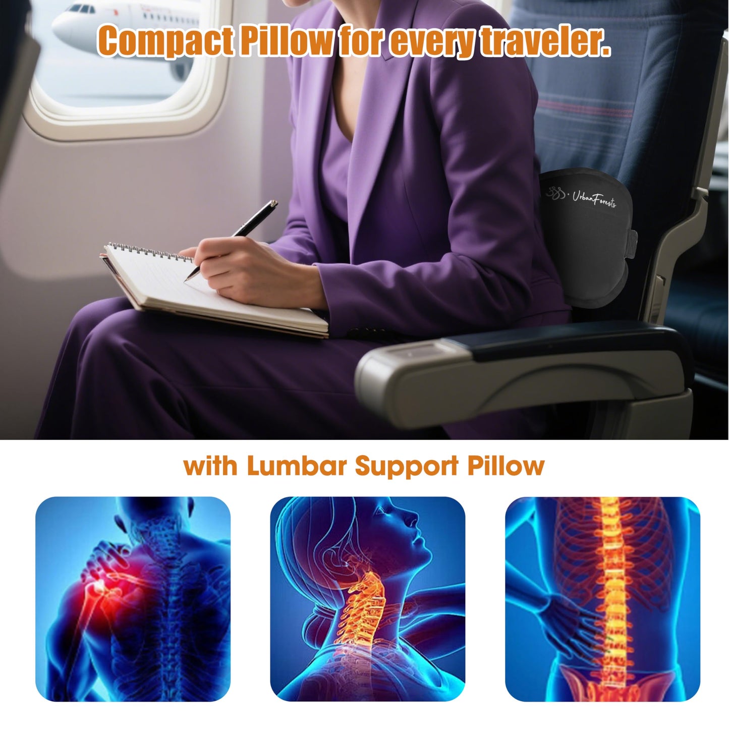 SSS·UrbanForests Inflatable Lumbar Pillow for Travel, Lumbar Support Self-Inflating for Car, Neck Pillow Inflatable Lumbar Support Travel Lumbar Pillow for car (Black)