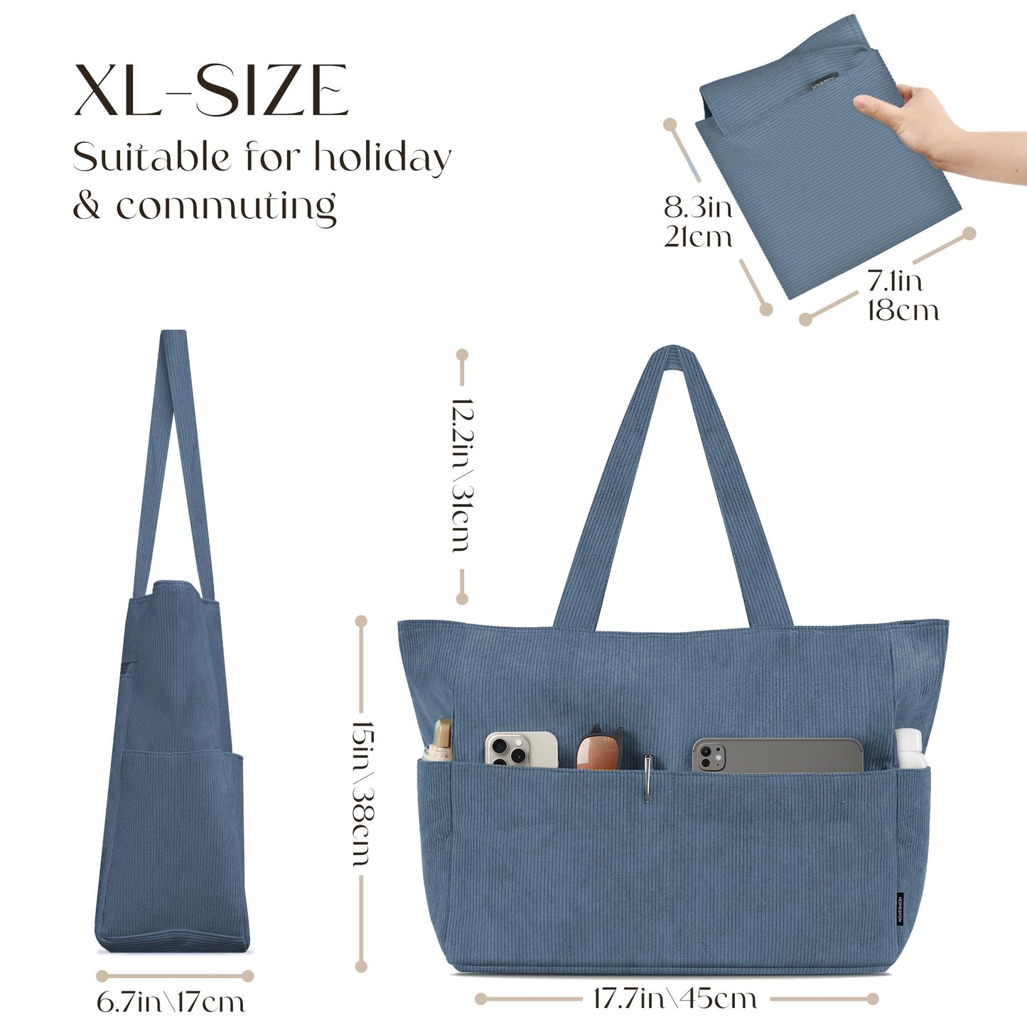HOMESPON Large Corduroy Tote Bag for Women Everyday Shoulder Bag with Pockets and Zipper for Work Travel Vacation (Blue, L)