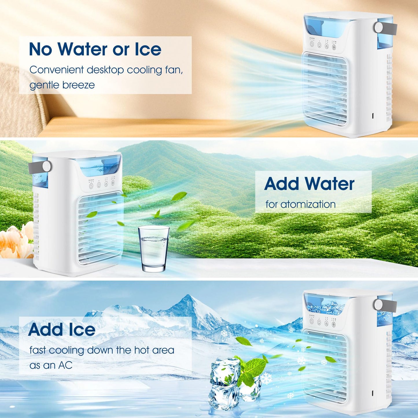 Portable Air Conditioner 3-in-1Mini Fan Cooler & Humidifier with 700 ml Top-Fill Water Tank 7-Color Night Light 2/4/6 H Timer & Ultra-Quiet Operation