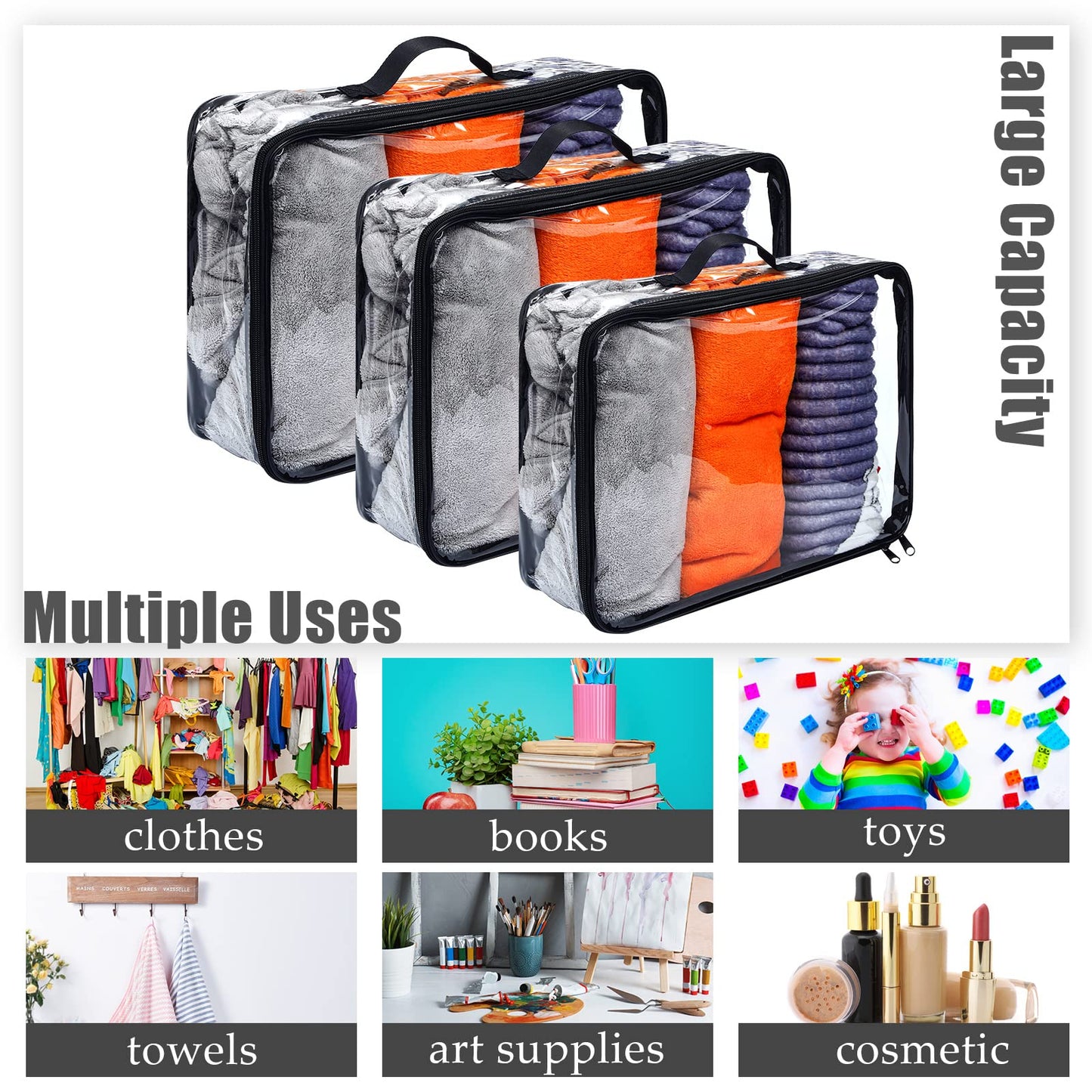 Hillban 6 Pcs Black Large Clear Travel Packing Cube 3 Sizes See Through PVC Organizer for Suitcase Multipurpose Pouch with Handle Vinyl Zippered Storage Bags Luggage Cube Organizer