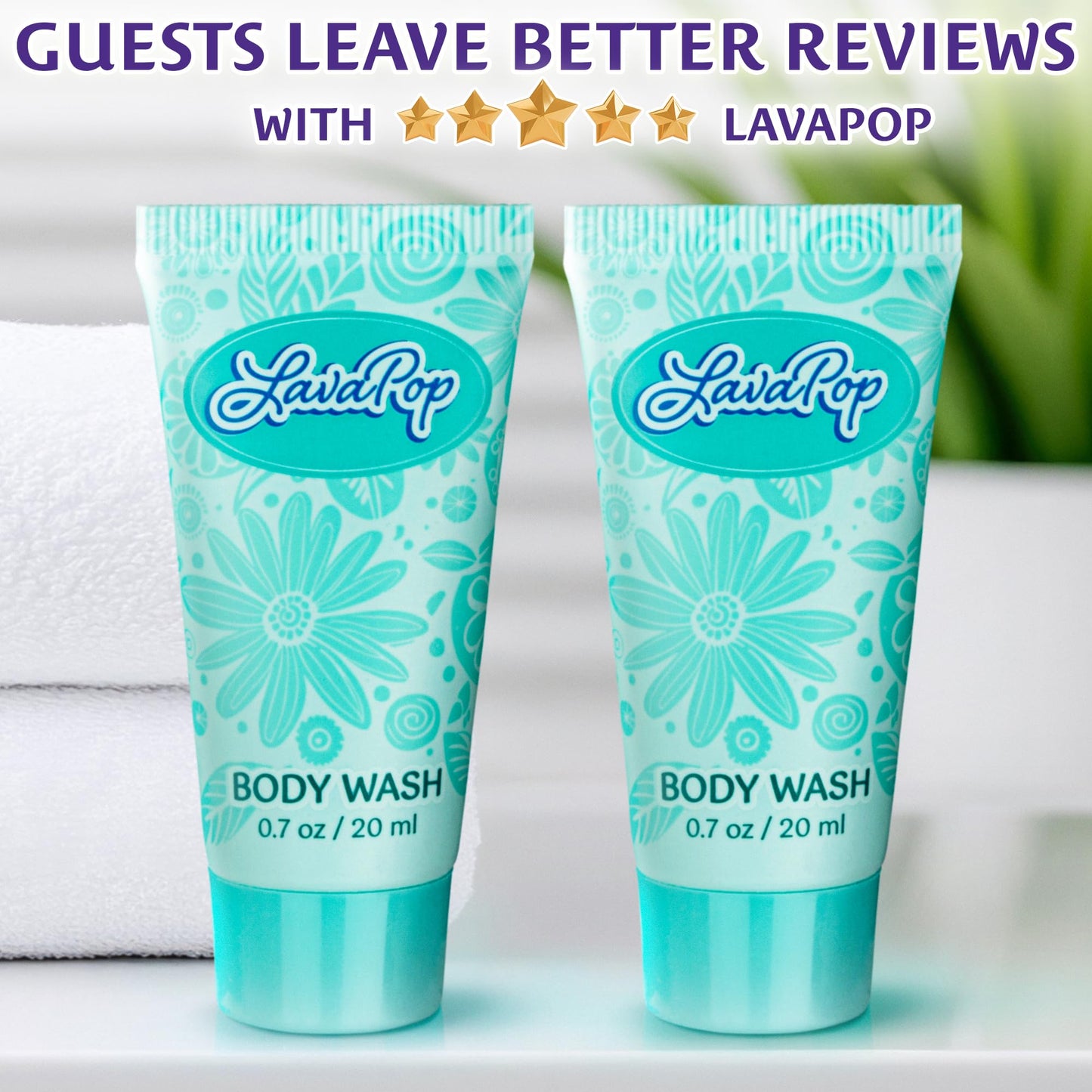 LavaPop - Travel Size Body Wash - Iris, Violet & Amber, 0.7 fl oz, 100 Pack - Delight Your Guests with Calming & Comforting Body Wash - Bulk Hotel Toiletries for Airbnb, Motels & Guest Rooms